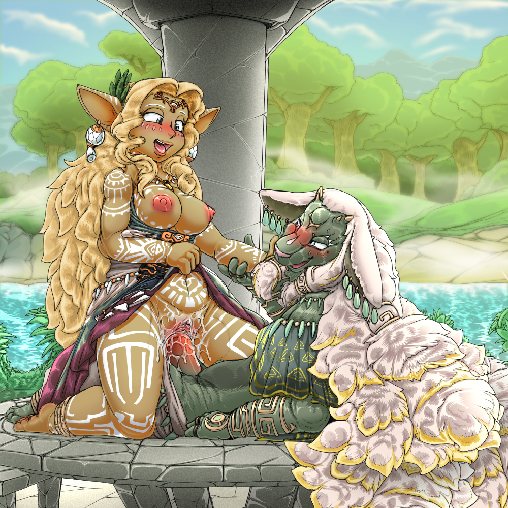 ancient_hylian anthro areola blonde_hair blue_eyes bodily_fluids bottomless bottomwear breasts brown_body brown_skin clothed clothing clothing_lift detailed_background dress dress_only duo exposed_breasts female forest fur genital_fluids grey_body grey_fur hair humanoid hylian kitsune_youkai long_hair male male/female markings nintendo nipples on_bottom on_top outdoor_sex penetration pillar pink_areola pink_nipples plant pussy_juice rauru_(tears_of_the_kingdom) reverse_cowgirl_position sex skirt skirt_lift sonia_(tears_of_the_kingdom) sonia_(tloz) stole stole_only tears_of_the_kingdom the_legend_of_zelda tree vaginal_penetration white_hair zonai