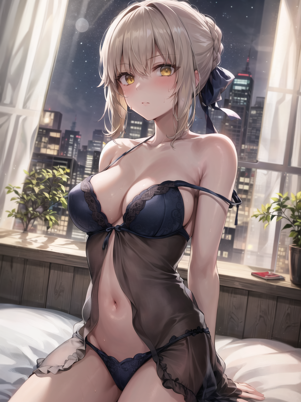 1girls ai_generated alternate_breast_size artoria_pendragon artoria_pendragon_(alter) blonde blonde_hair breasts commission fate/grand_order fate/stay_night fate_(series) female gold_eyes indoors large_breasts lingerie pale-skinned_female pale_skin saber_alter stable_diffusion thighs