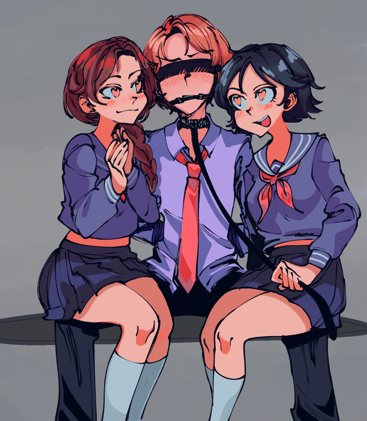 1boy, 2girls, background freaks, bench, blindfold, blush, bound wrists, female, femdom, friday night funkin, gag, gagged, heart-shaped pupils, knee socks, kneehighs, kneesocks, leash, leash and collar, male, malesub, school uniform, seated, senpai (friday night funkin), sitting on lap, socks, white socks
