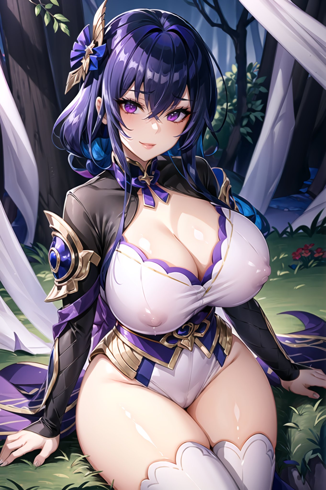 1girls, ai generated, breasts, curvy, curvy body, curvy female, erect nipples, female, genshin impact, hi res, huge breasts, legwear, leotard, long hair, looking at viewer, mihoyo, nipple bulge, nipples, raiden shogun, seductive look, seductive smile, stable diffusion, violet hair