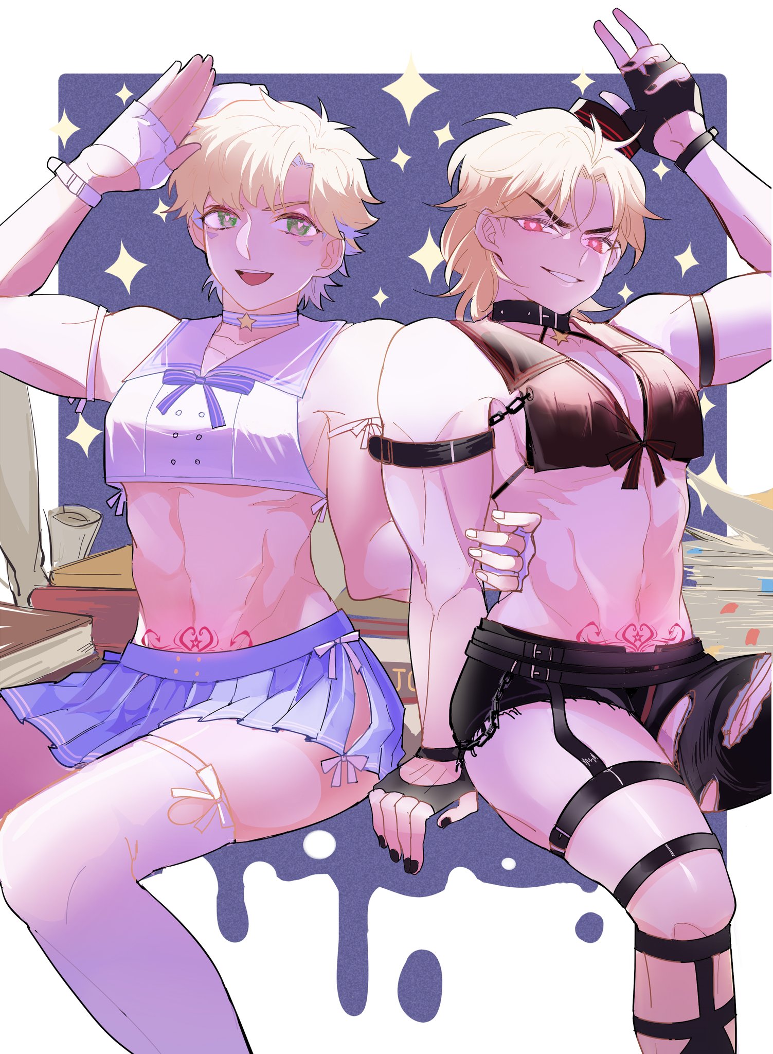 :d, 2boys, abs, ambush (trap), arm up, battle tendency, black gloves, black nails, black shorts, blonde hair, caesar zeppeli, choker, collar, crossdressing, dio brando, evil smile, facial mark, femboy, fingerless gloves, gay, gloves, green eyes, hat, heart, heart-shaped pupils, jojo's bizarre adventure, looking at viewer, male, male focus, male only, midriff, multiple boys, multiple males, muscular, muscular male, navel, open mouth, pectorals, phantom blood, pubic tattoo, red eyes, short hair, shorts, sitting, skirt, smile, symbol-shaped pupils, tattoo, thick thighs, thighhighs, thighs, white gloves, white thighhighs, xiaoming (724536206)