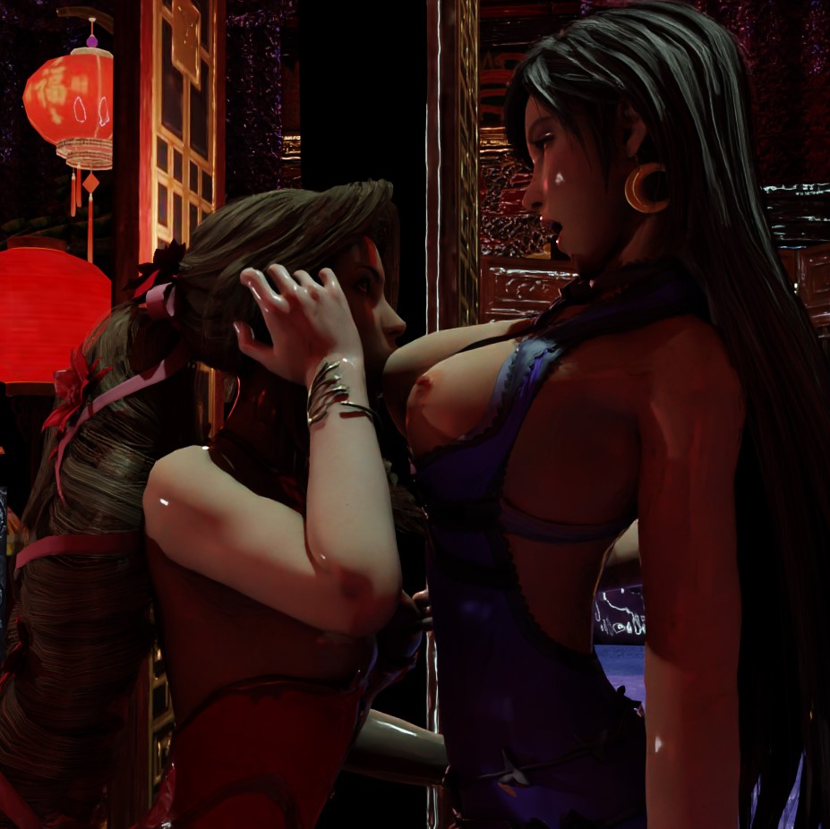 3d aerith_gainsborough black_hair breast_sucking breastfeeding breasts breasts_out brown_hair final_fantasy final_fantasy_vii final_fantasy_vii_remake large_breasts lesbian_couple long_hair nipple_suck nipple_sucking nipples smooth_skin sucking sucking_nipples suckling sweating teehee7990 tifa_lockhart woman_sucking_breast yuri