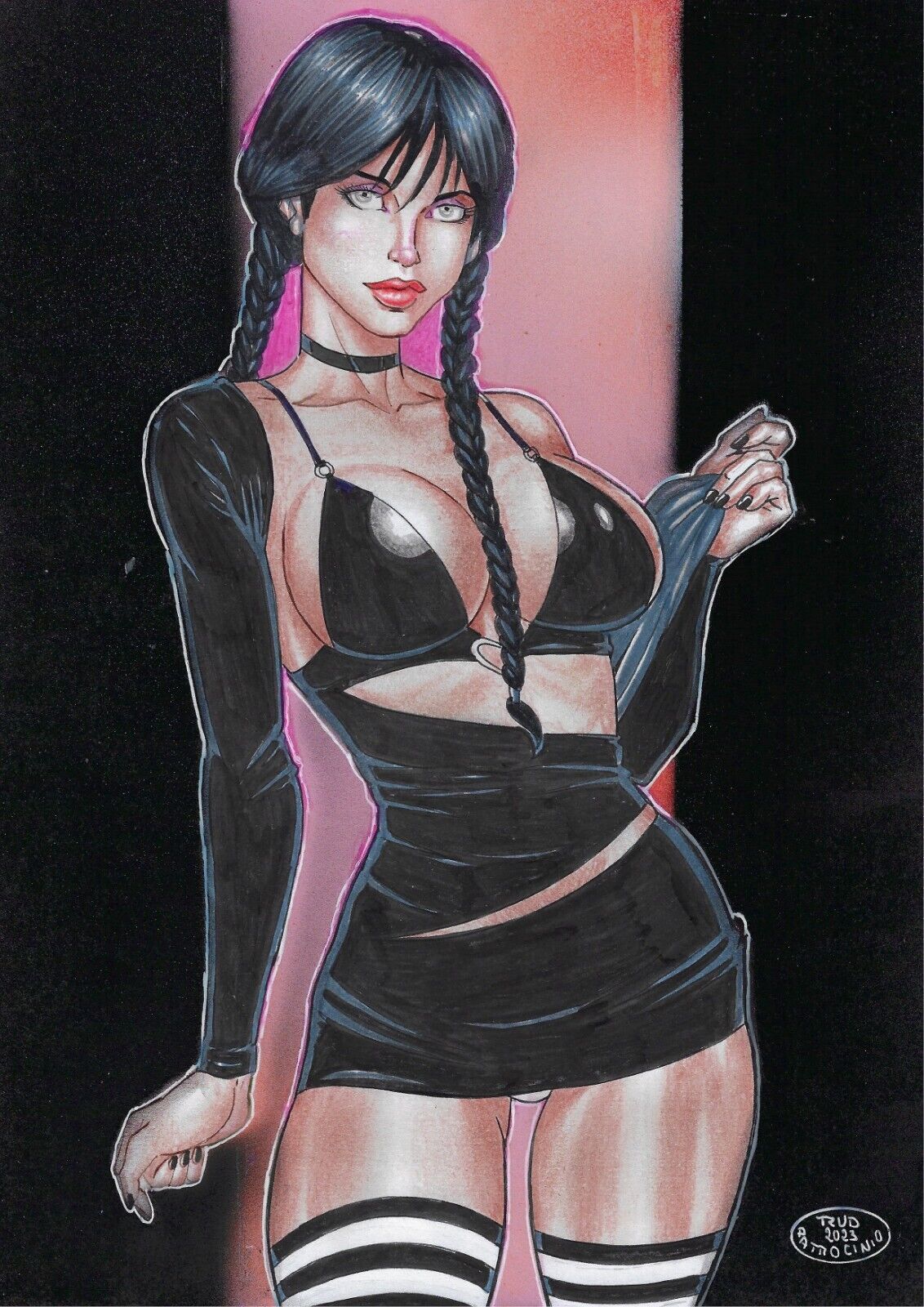 1girls, black hair, curvy body, curvy female, curvy figure, dress, ed benes studio, female, high resolution, legwear, long hair, looking at viewer, rudimar patrocinio, skirt, solo, solo female, the addams family, underwear, voluptuous female, wednesday addams