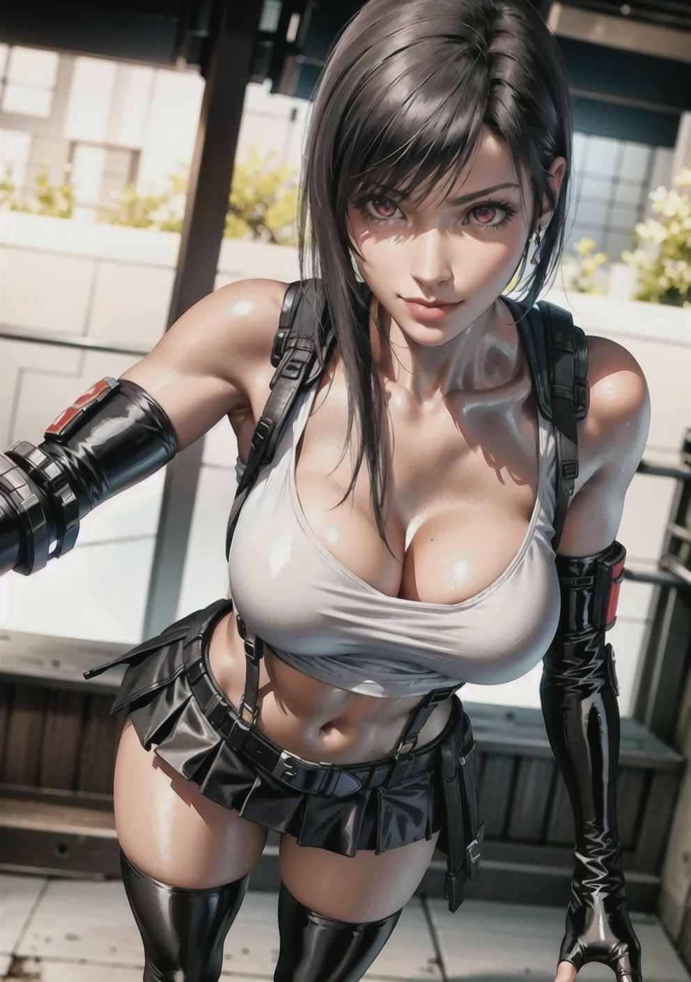 1girls, ai generated, black hair, curvaceous, curvy body, curvy female, curvy figure, female, female focus, female only, final fantasy, final fantasy vii, legwear, long hair, looking at viewer, seductive look, skirt, stable diffusion, tifa lockhart, voluptuous female