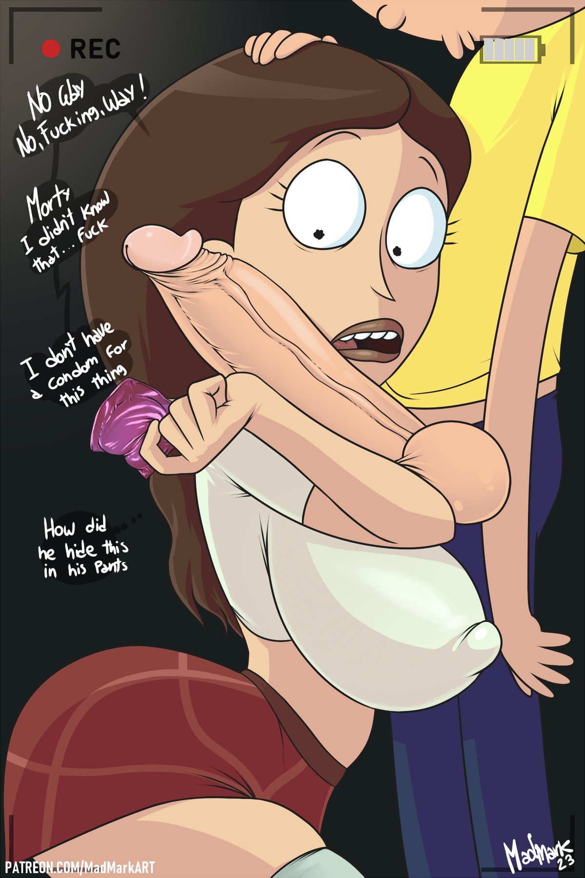 1boy 1girls adult_swim balls big_breasts big_penis brown_hair cock_shock condom condom_wrapper dialogue eyebrows eyelashes female large_breasts large_penis light-skinned_female light-skinned_male light_skin lipstick long_hair madmark male morty_smith nipples penis penis_awe recording rick_and_morty skirt suprised suprised_look text tricia_lange