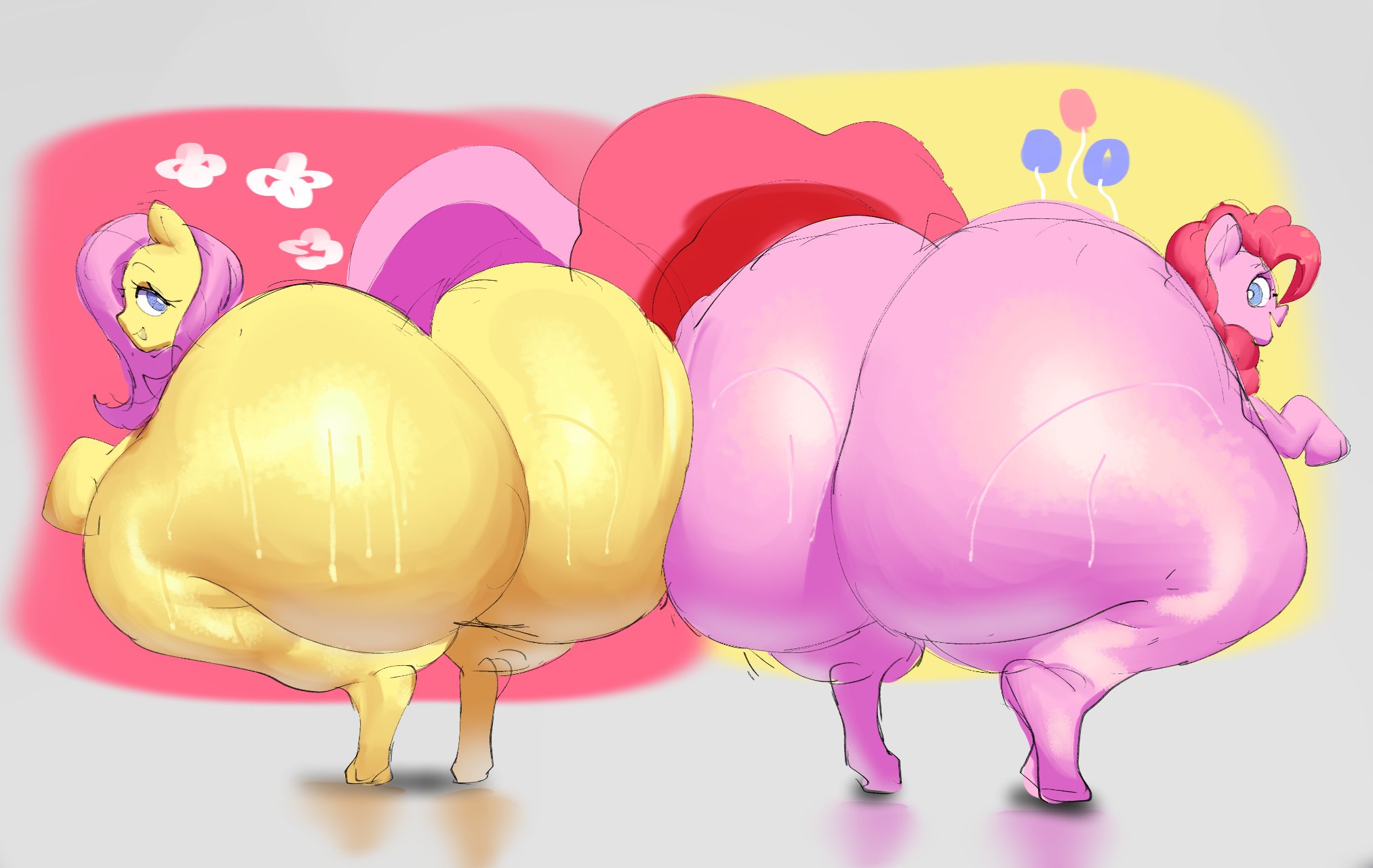 2girls, anthro, ass, big ass, big butt, bubble ass, bubble butt, equine, fat ass, fat butt, female, feral, fluttershy (mlp), horse, huge ass, huge butt, motylek, my little pony, pinkie pie (mlp), sweat, sweaty ass, sweaty butt, thick ass, thick thighs