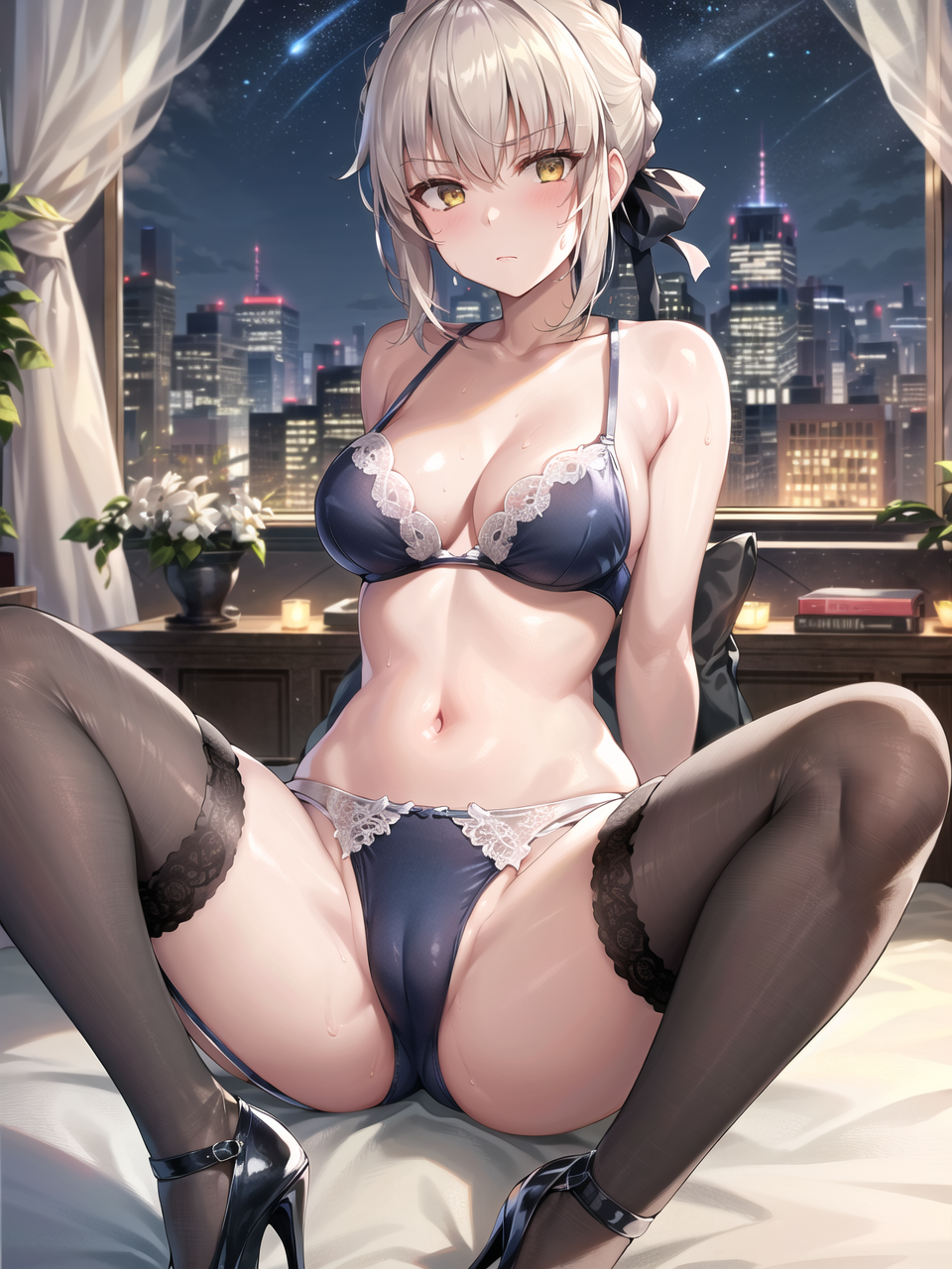 1girls ai_generated alternate_breast_size artoria_pendragon artoria_pendragon_(alter) blonde_hair breasts commission fate/grand_order fate/stay_night fate_(series) female gold_eyes high_heels indoors large_breasts lingerie pale-skinned_female pale_skin saber_alter stable_diffusion thighs