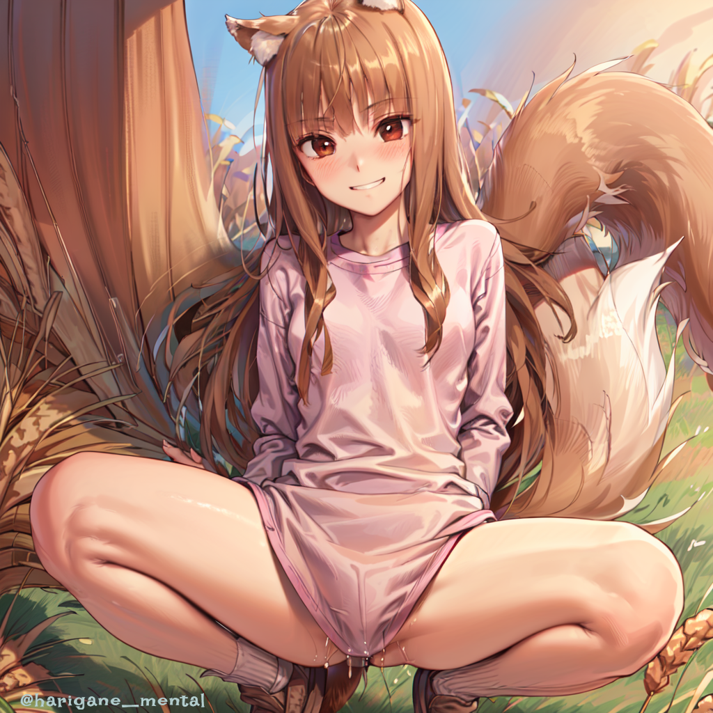 1girls ai_generated blush brown_hair female holo pussy_juice red_eyes small_breasts spice_and_wolf tail wolf_ears