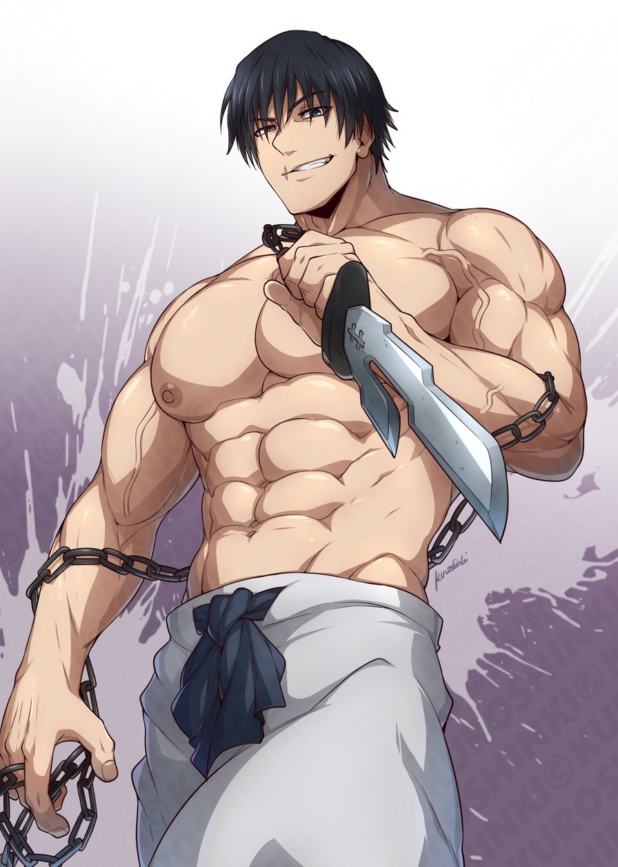 abs, big pecs, black hair, chains, jujutsu kaisen, kuroshinki, looking at viewer, looking down, looking down at viewer, male, male only, muscles, muscular, muscular male, shirtless, short hair, toji fushiguro, veins, veiny muscles, weapon