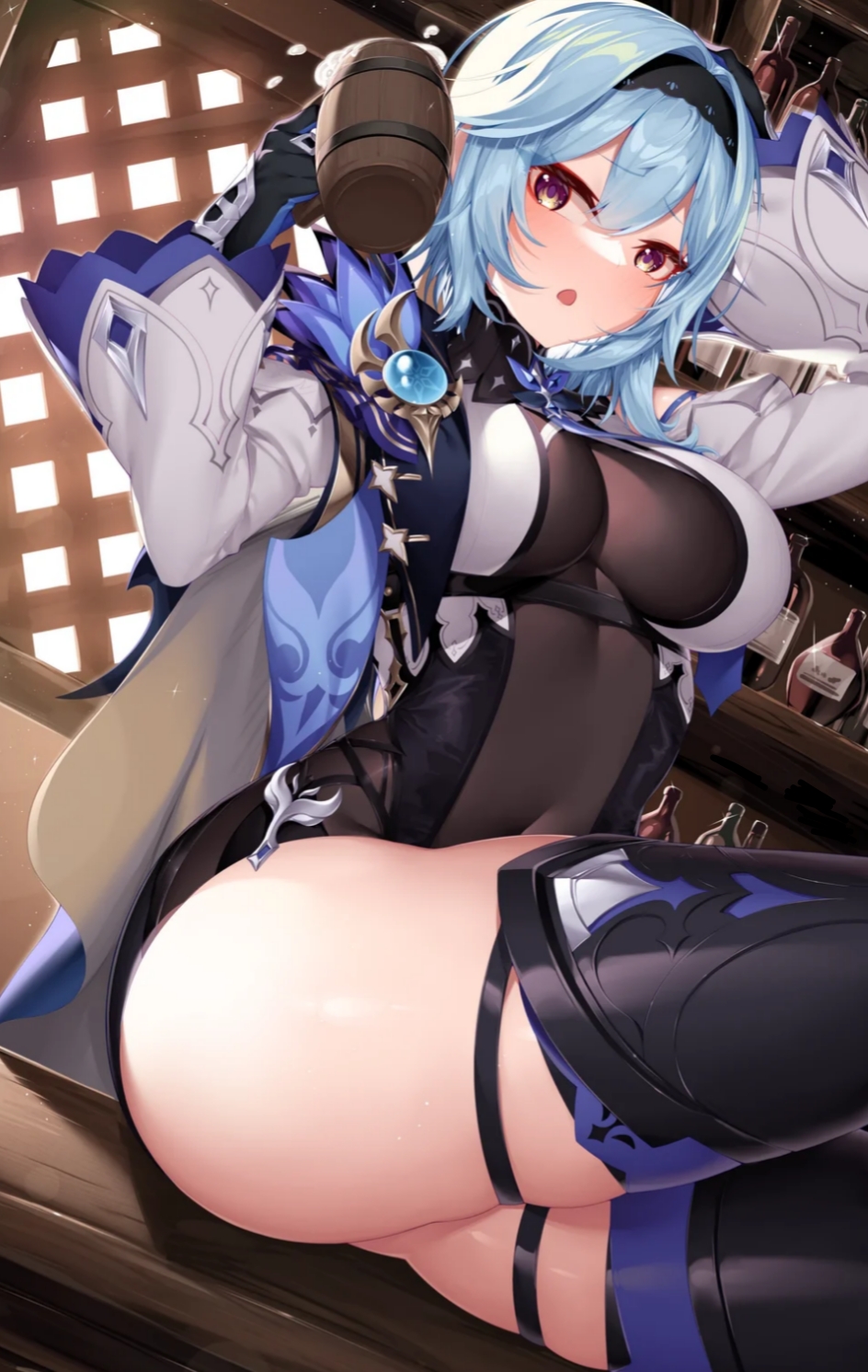 artist request, ass, boots, cyan hair, drunk, eula (genshin impact), fat ass, female, female only, genshin impact, green eyes, headband, stockings, thick thighs, thigh strap, white skin