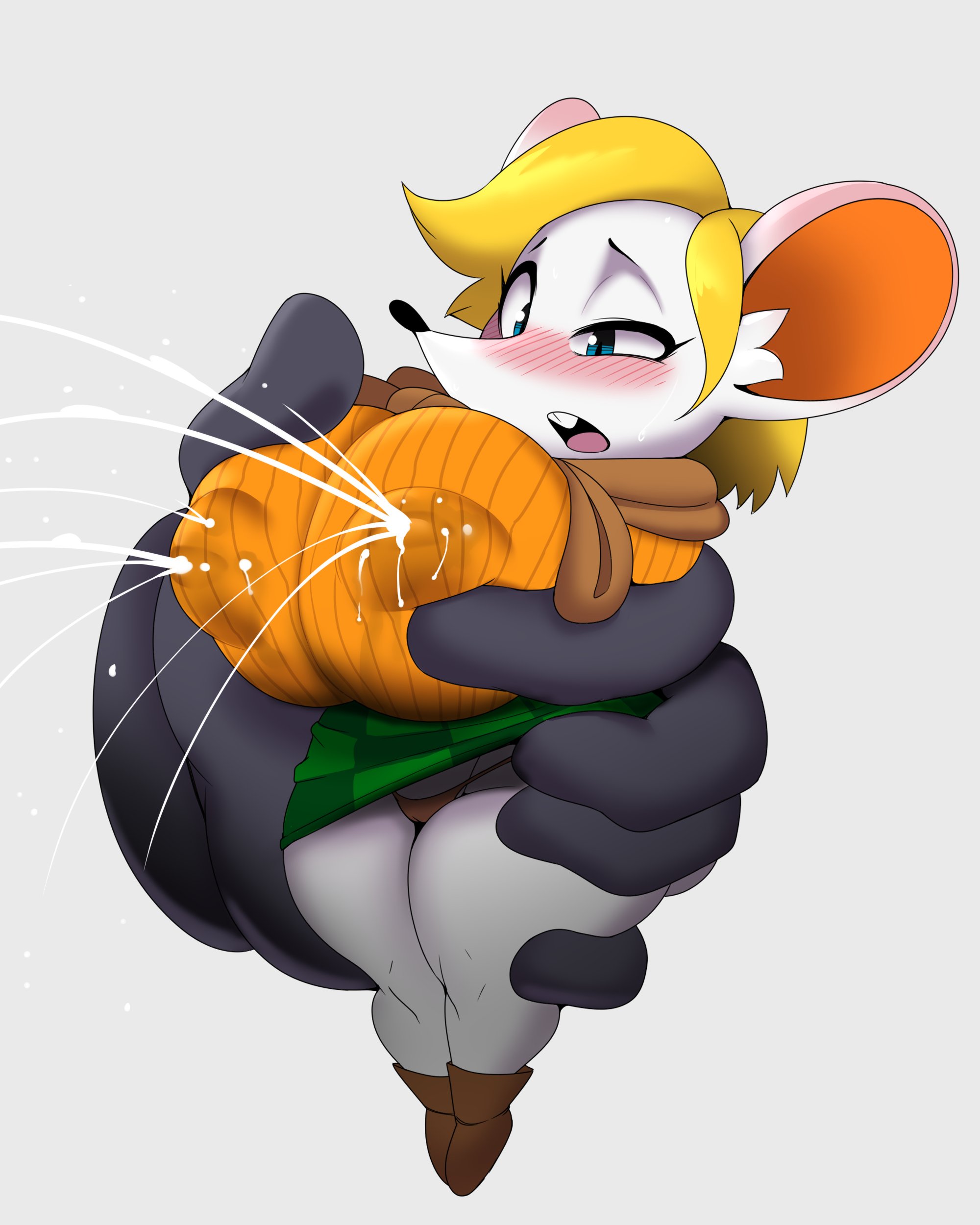 1girls, anthro, areolae, areolae visible through clothing, ashley graham, ber00, big breasts, big ears, blue eyes, blush, breast milking, breast squeeze, breasts, clothed, clothed female, disembodied hand, female, female focus, lactation, lactation through clothes, miniskirt, mouse, mouse ears, mouse girl, mouse tail, moushley, resident evil, resident evil 4, resident evil 4 remake, simple background, skirt, solo focus, tagme, white fur, yellow hair