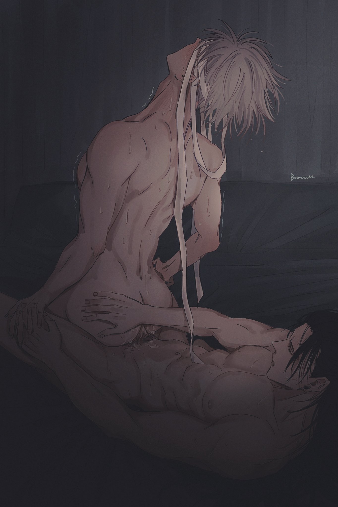 2boys, anal, ass, black hair, bom61487782, cum, cum in ass, cum on face, gay, jujutsu kaisen, male, muscular, muscular male, satoru gojo, suguru geto, white hair