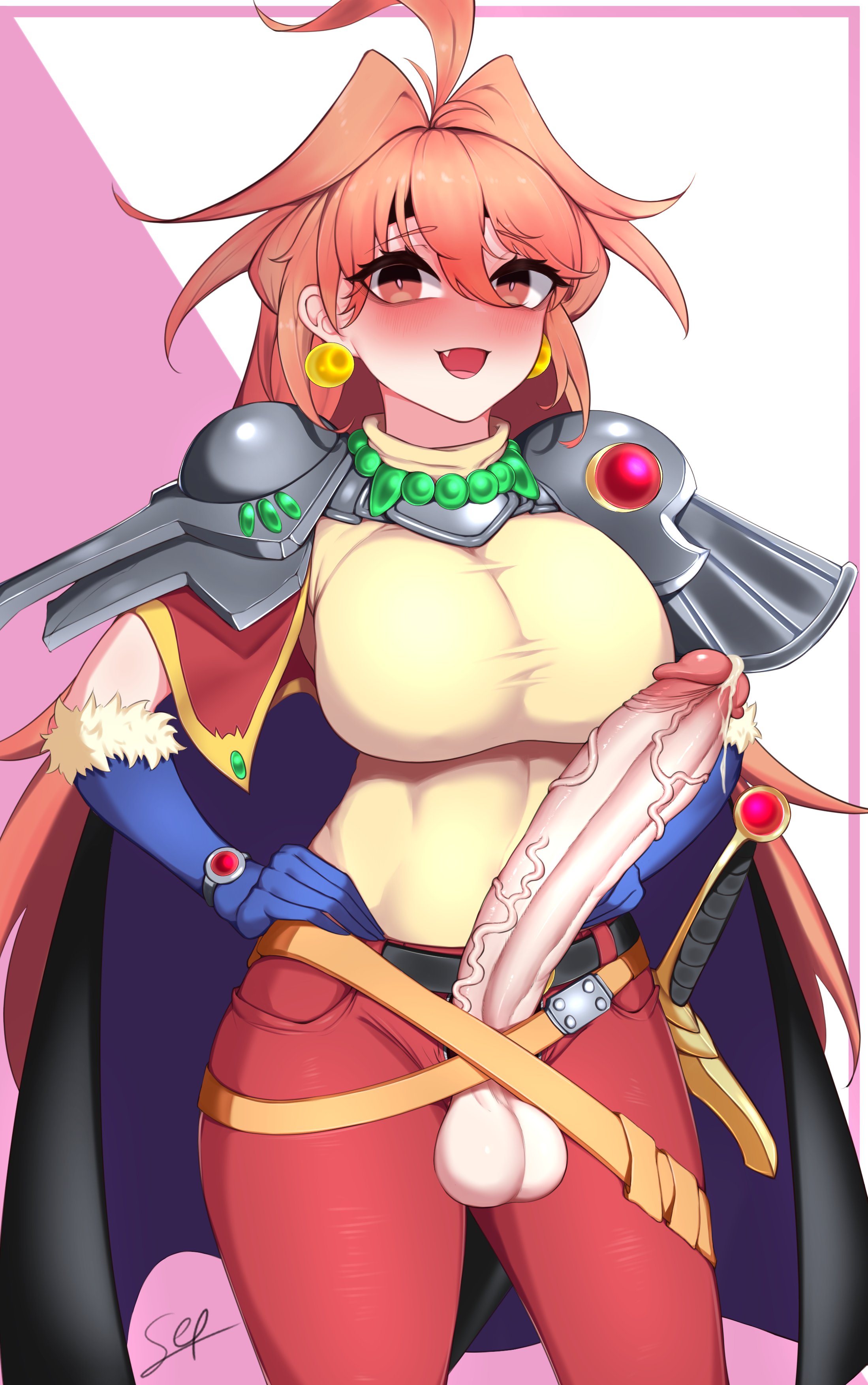 1futa, ahoge, balls, big breasts, big penis, blush, blushing, breasts, busty, cape, clothed, clothing, dickgirl, earrings, erection, futa only, futanari, hips, huge breasts, huge cock, human, intersex, knight, large breasts, large penis, light skin, light-skinned futa, lina inverse, long hair, long penis, mostly clothed, penis, sep (artist), shoulder pads, slayers, solo, standing, tight clothes, tight clothing, tight fit, veiny penis