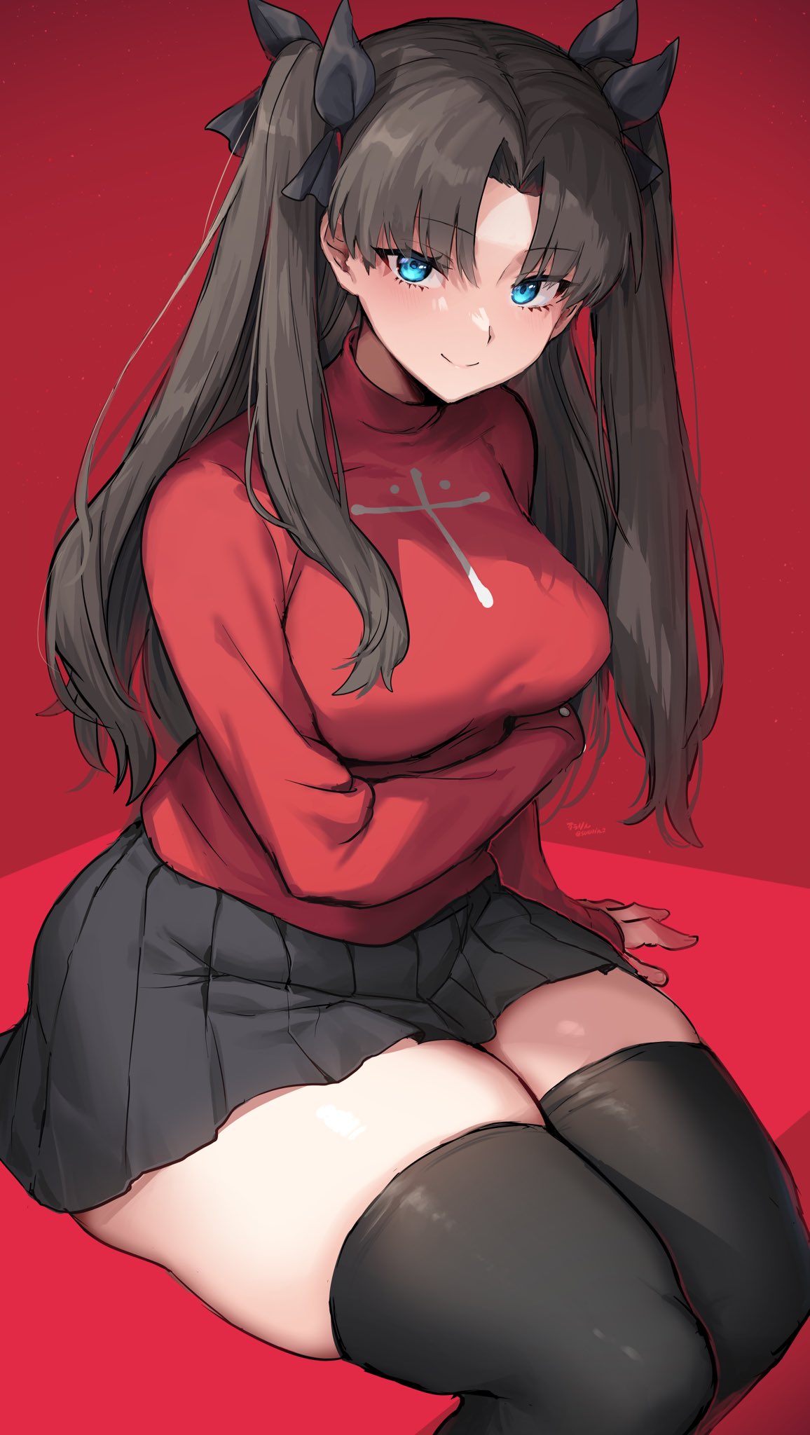 1girls, arms crossed, arms under breasts, big breasts, black hair, blue eyes, breasts, clothed, crossed arms, crossing arms, curvaceous, curves, curvy, curvy body, curvy figure, curvy hips, dark hair, fat thighs, fate (series), fate/stay night, female, huge breasts, large breasts, skirt, smile, smiling, suurin (ksyaro), thick, thick thighs, thigh highs, thighhighs, thighs, tohsaka rin, twintails