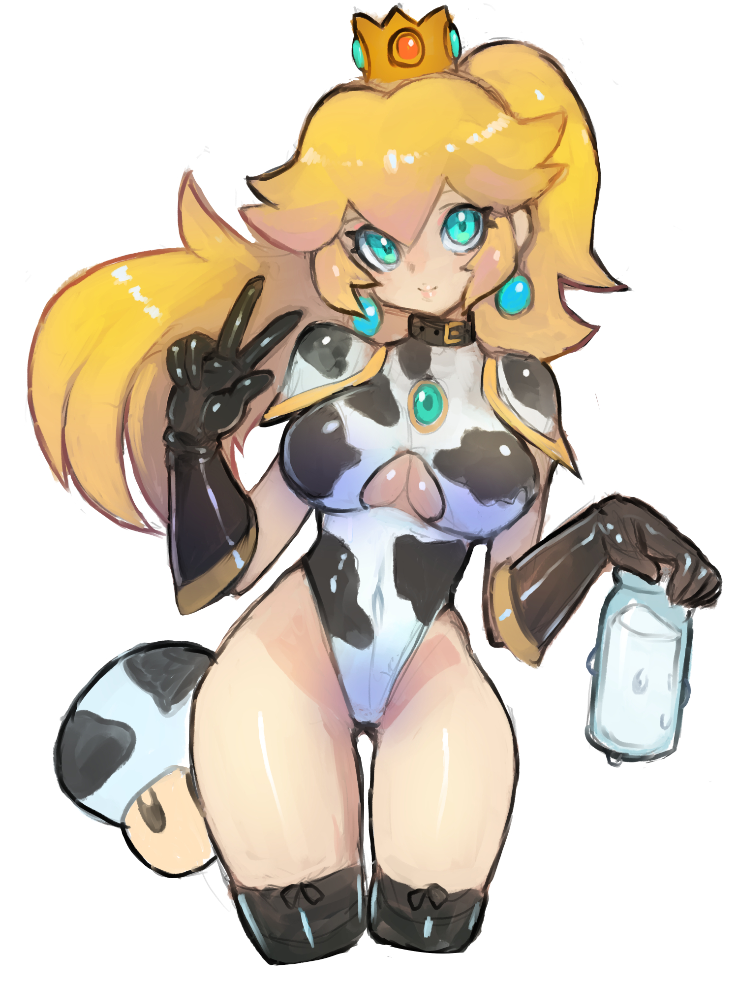 1girls, binelu01, blonde hair, blue eyes, breasts, brooch, collar, cow print, cow print leotard, crown, dakusuta, earrings, elbow gloves, female, female only, gloves, highleg, highleg leotard, holding bottle, large breasts, leotard, long hair, long ponytail, looking at viewer, mario (series), milk, milk bottle, mushroom, nintendo, ponytail, power up, princess peach, solo, standing, super mario bros., thighhighs, tied hair, v