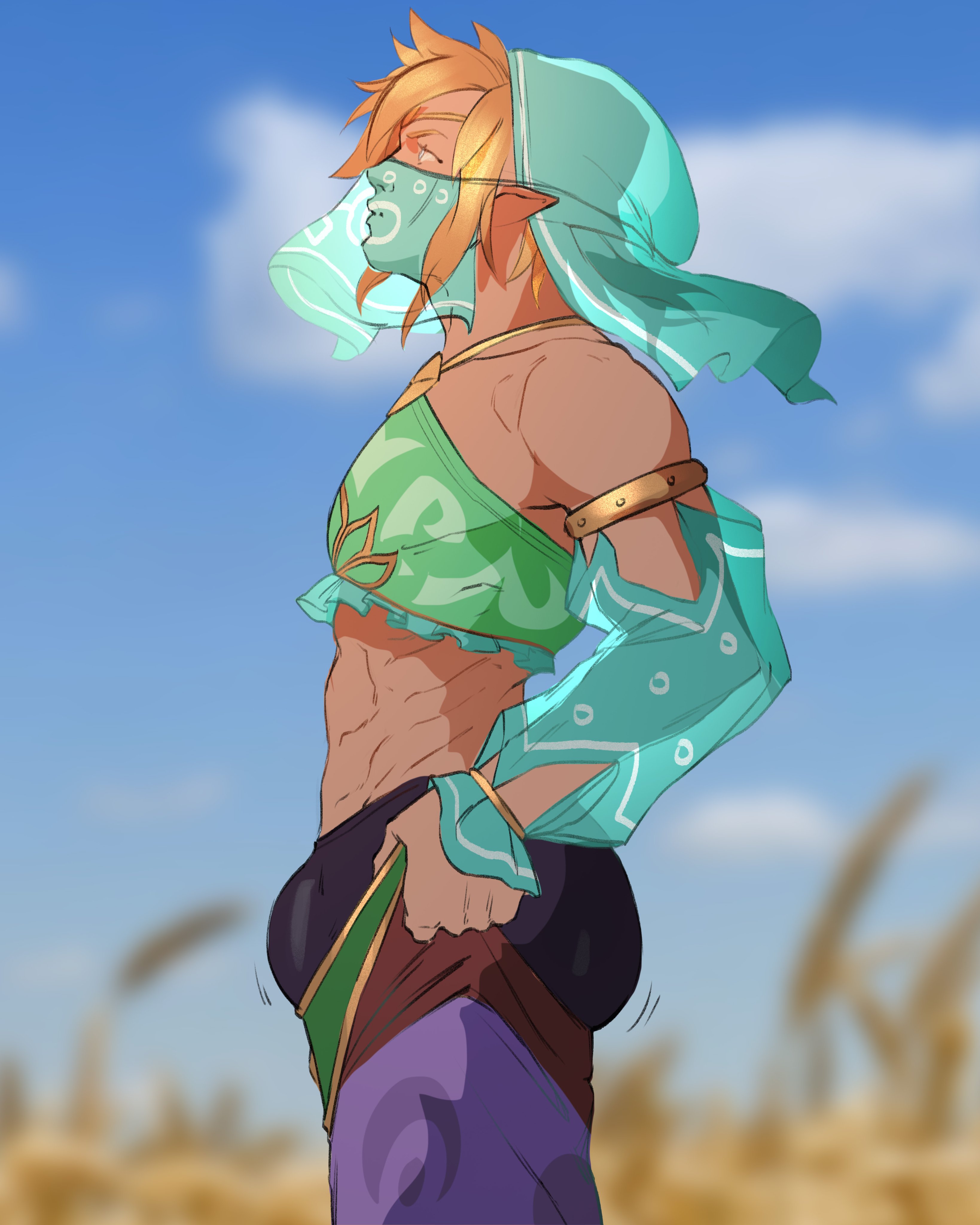 arm band, blonde, blonde hair, breath of the wild, bulge, bulge through clothing, caio santos, detailed background, exposed midriff, gerudo link, grass, link, male, male only, muscular, standing, the legend of zelda, tight clothing, tight fit, tight pants (meme), veil