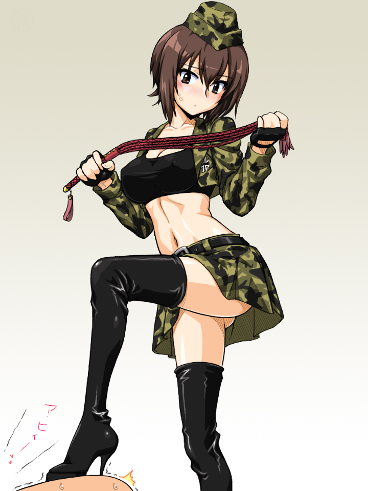 1girls ass belt belt_buckle black_sports_bra boots breasts brown_eyes brown_hair camouflage camouflage_hat camouflage_jacket camouflage_skirt cropped_jacket dominatrix female_ass fingerless_gloves flogger girls_und_panzer gloves hat high_heel_boots high_heels holding_flogger holding_whip jacket large_breasts midriff navel nishizumi_maho oosaka_kanagawa short_hair skirt sports_bra stepping_on thighhigh_boots whip