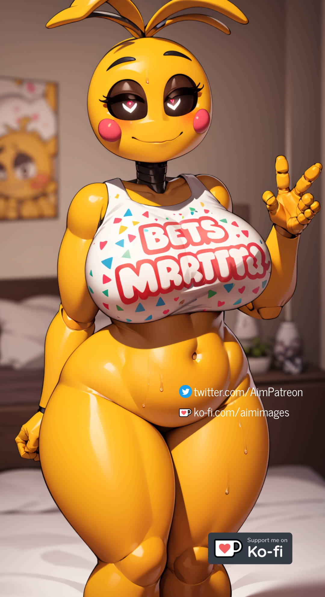 ai generated, aim patreon, anthro, bed, bedroom, blurry, blurry background, blurry foreground, breasts, cellphone, cellphone picture, chromatic aberration, curvy, depth of field, english text, female, five nights at freddy's, five nights at freddy's 2, fnaf, looking at viewer, meme attire, motion blur, navel, on bed, phone, pov, rabbit ears, selfie, smartphone, smile, solo, sweat, taking picture, thick thighs, thighs, toy chica (fnaf), v