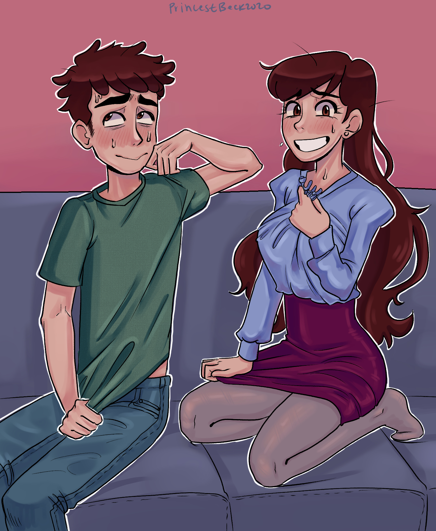 1boy, 1girls, 2020, aged up, blouse, blush, brother, brother and sister, brown hair, caught, caught in the act, couch, covering, dipper pines, disney, disney channel, disney xd, earrings, female, fully clothed, gravity falls, human, incest, living room, long hair, mabel pines, male, nervous, nervous smile, nervous sweat, pale skin, pants, pantyhose, princest beck, pulling clothing, shirt, short hair, signature, sister, skirt, straight hair, teeth, twincest, twins