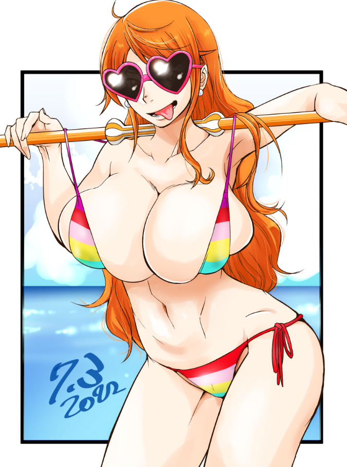 ahe_gao beach big_breasts bikini female female_only glasses large_breasts nami nami_(one_piece) one_piece one_piece_film_z orange_hair post-timeskip post_timeskip rainbow_bikini sunahara_wataru