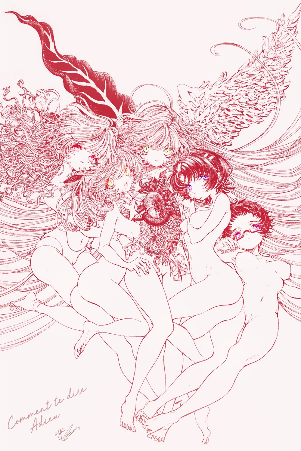 5girls absurdly_long_hair ahoge angel_wings arm_between_breasts ass aya_carmine between_breasts blue_eyes body_horror bone breasts completely_nude doll_joints expressionless feathered_wings flower full_body glasses green_eyes hair_ornament hair_ribbon hairclip highres hug joints leaf_wings long_hair looking_at_viewer meguro_miyuki millipen_(medium) mismatched_wings monochrome multiple_girls nude open_mouth parted_lips pink_eyes purple_eyes pussy ribbon sayonara_wo_oshiete short_hair simple_background smile snake spot_color sugamo_mutsuki takada_nozomi tamachi_mahiru tendril thigh_gap traditional_media ueno_koyori very_long_hair wavy_hair white_background wings yellow_eyes