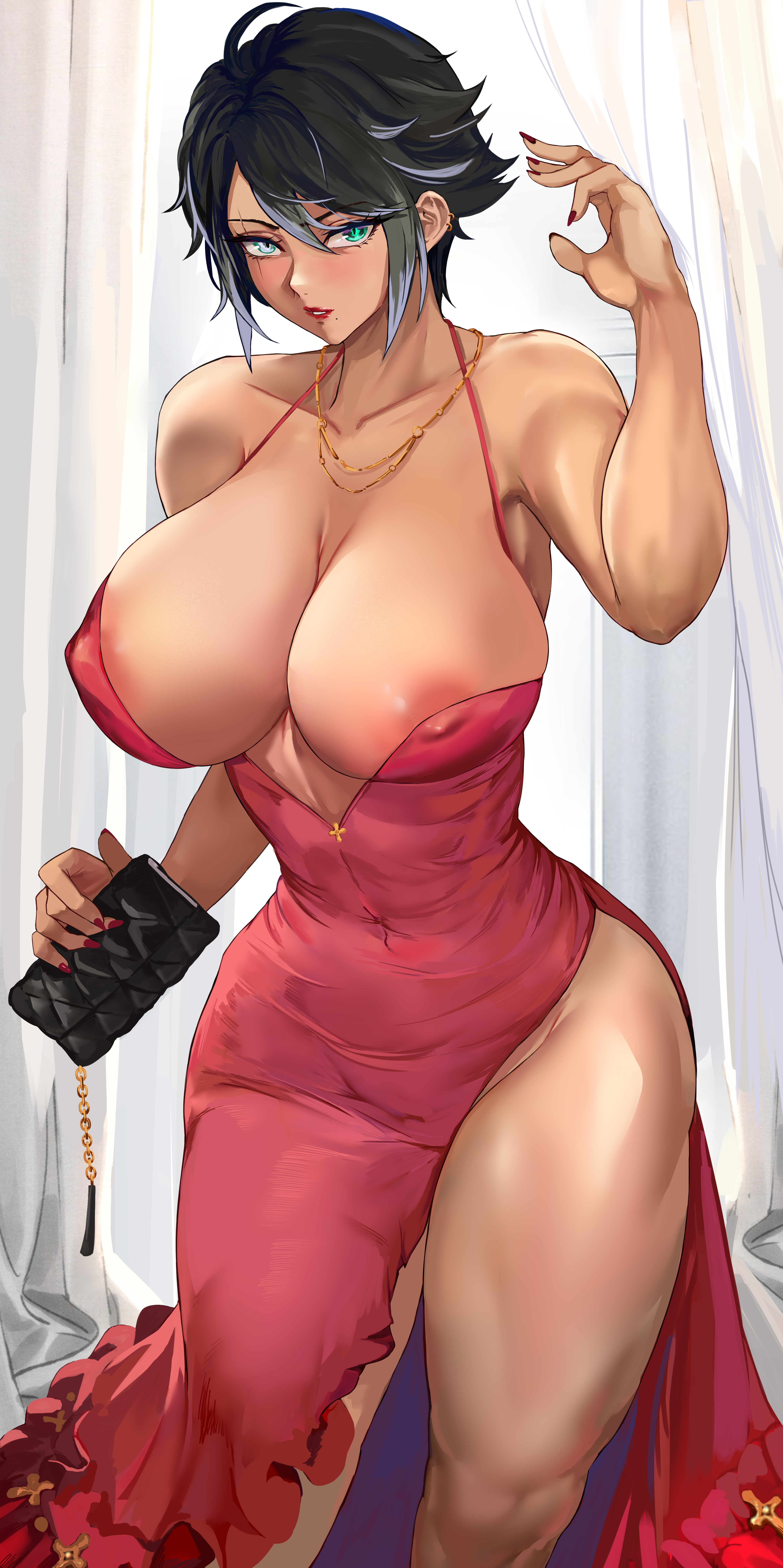 1girls, areolae, big breasts, black hair, breasts, dress, female, female only, green eyes, hi res, hips, holding object, huge breasts, indoors, large breasts, looking at viewer, loooyd, nail polish, necklace, no bra, no panties, original, original character, painted nails, purse, red nails, revealing clothes, scar across eye, short hair, solo, teal eyes, thick thighs, thighs, voluptuous, wide hips
