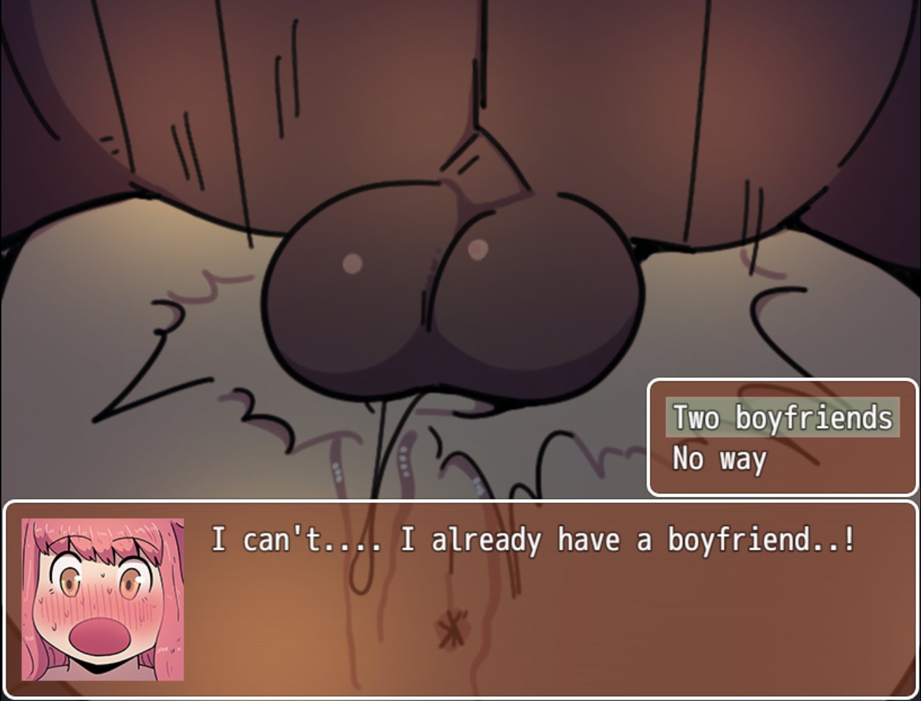 1boy, 1girls, anus, balls, blush, dark skin, dark-skinned male, deep penetration, english text, female, gameplay mechanics, hasselnut, heavy blush, interracial, light skin, light-skinned female, male, mating press, open mouth, penetration, pink hair, pussy, sunny (wolfgang bang), text box, vaginal penetration, wolfgang bang, yellow eyes