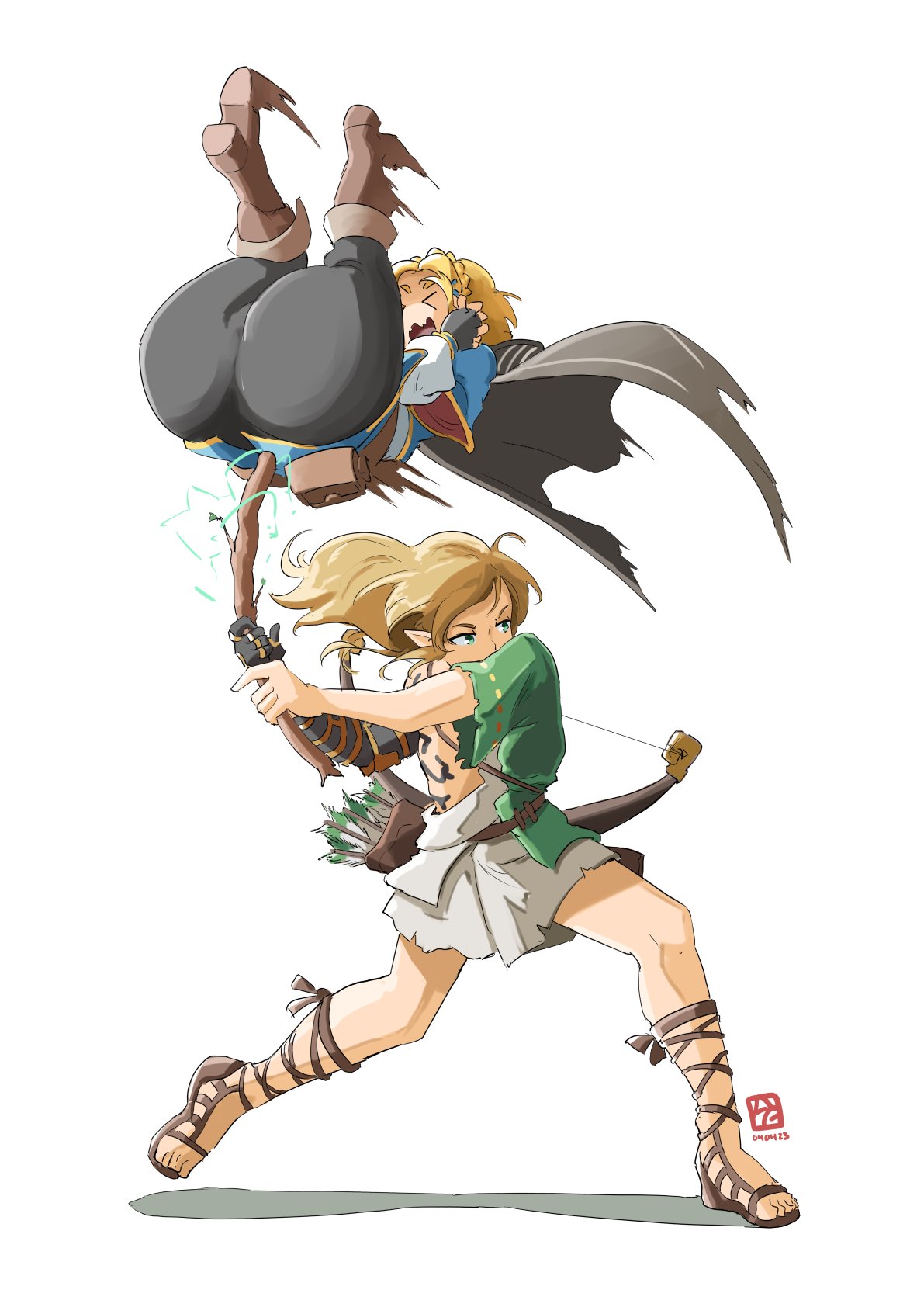 1boy, 1girls, ass, automatic giraffe, blonde hair, boots, breath of the wild, cape, closed eyes, female, gameplay mechanics, hi res, humor, link, link (breath of the wild), link (tears of the kingdom), long hair, long-haired male, male, nintendo, pants, princess zelda, short hair, tears of the kingdom, the legend of zelda, weapon, zelda (tears of the kingdom)