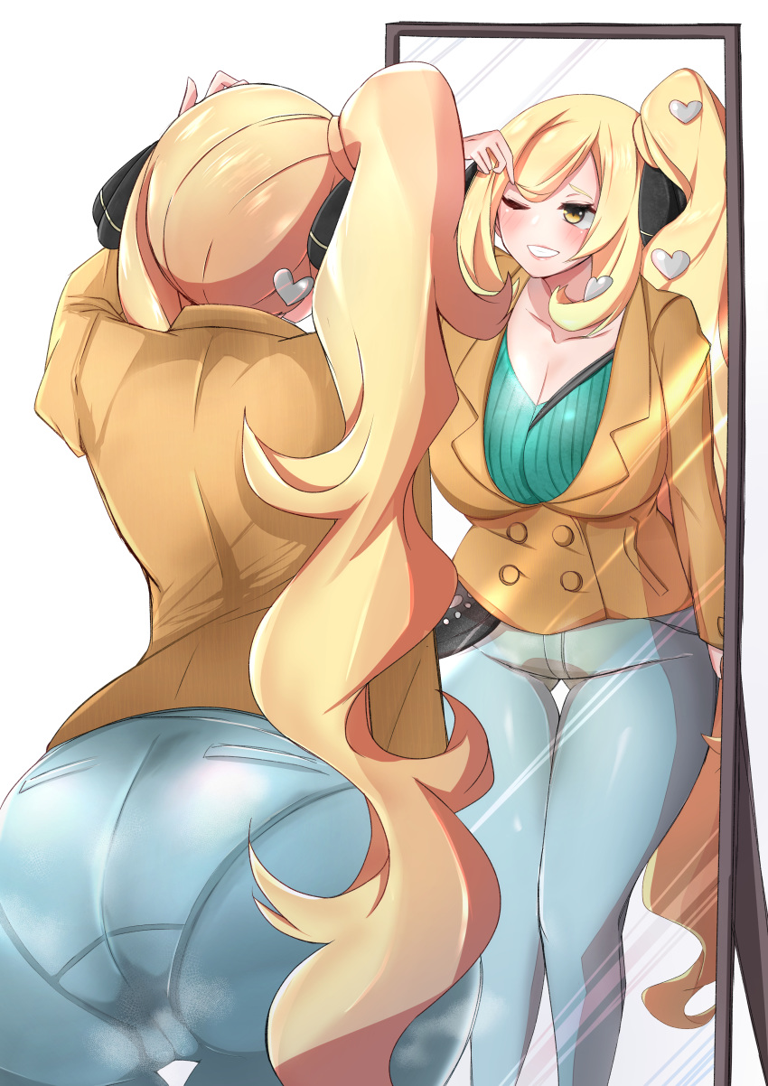 1girls, ass, back, blonde hair, blush, breasts, brown coat, coat, cosplay, cynthia (pokemon), female, green shirt, hair ornament, heart hair ornament, jeans, kikikitama, large breasts, mirror, nintendo, one eye closed, pokemon, pokemon dppt, pokemon ss, shirt, shoulder bag, side ponytail, sonia (pokemon) (cosplay), trenchcoat, yellow eyes