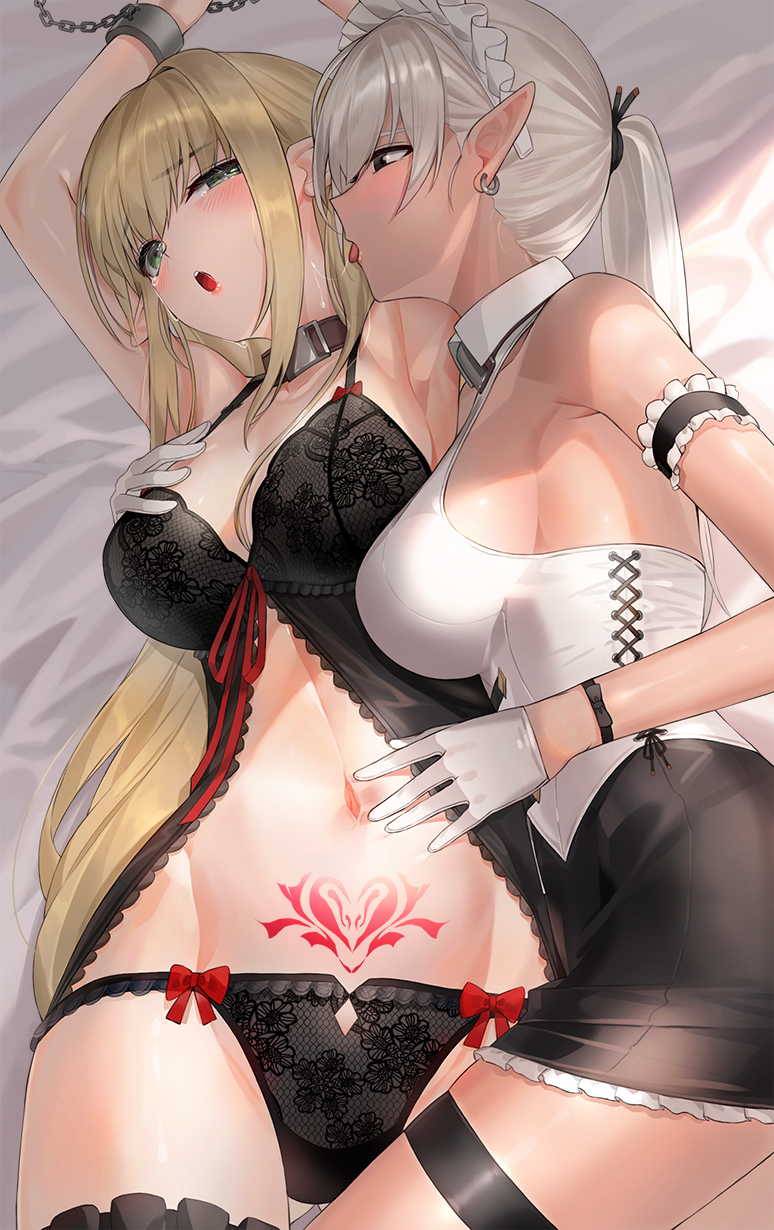 2girls arm_garter babydoll bed black_babydoll black_lingerie black_panties black_skirt blonde_hair bondage breasts brown_eyes chains collar dominatrix earrings female female_only gloves green_eyes grey_hair kfr large_breasts laying_on_bed licking licking_face lingerie long_hair maid maid_headdress maid_uniform midriff multiple_girls navel original panties pencil_skirt ponytail pubic_tattoo shirt skirt slave tattoo thigh_strap thighhighs white_shirt wrist_cuffs yuri