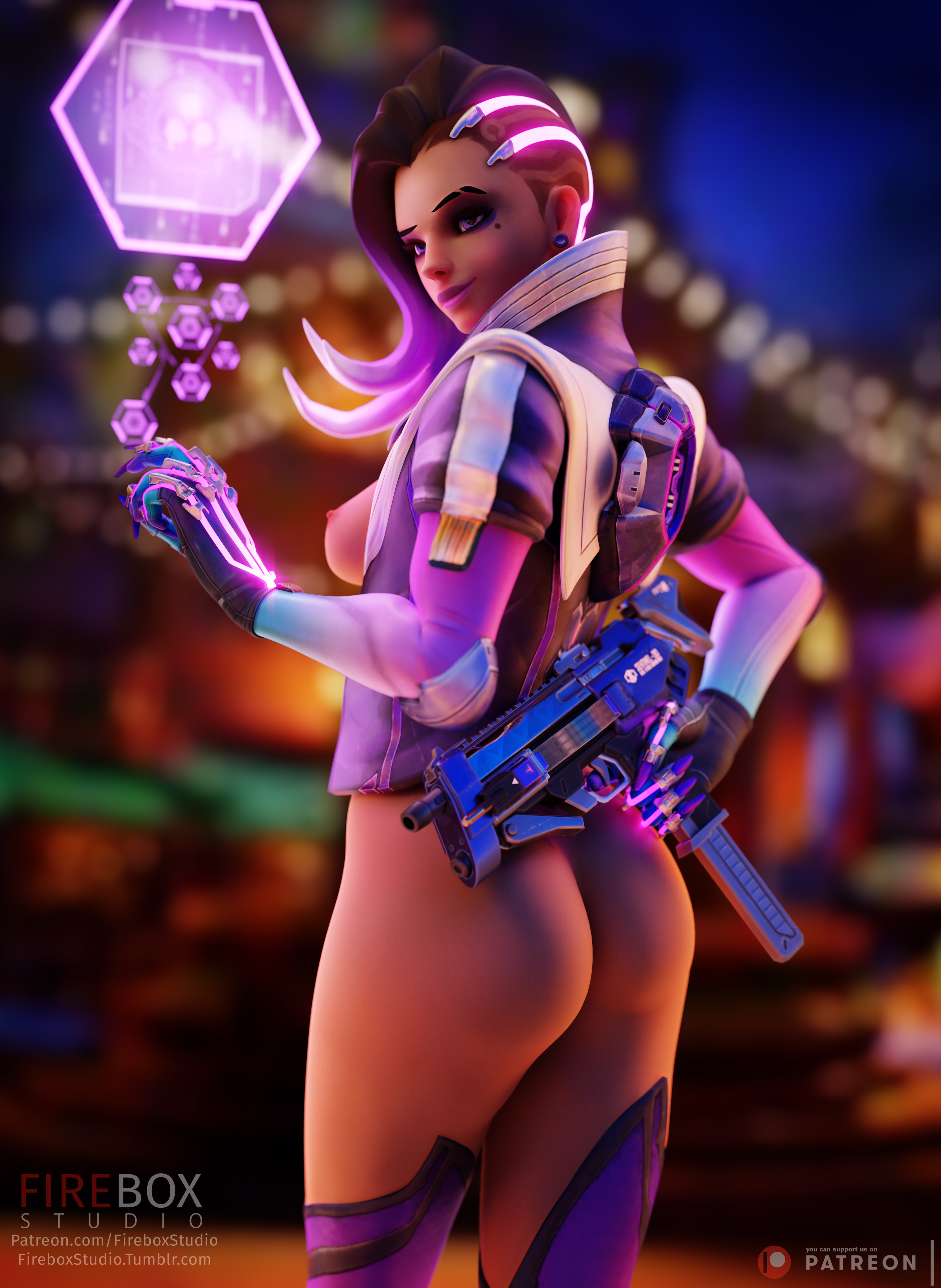 1girls, 3d, bottomless, female, female only, fireboxstudio, gun, olivia colomar, overwatch, overwatch 2, solo, sombra, thighhighs