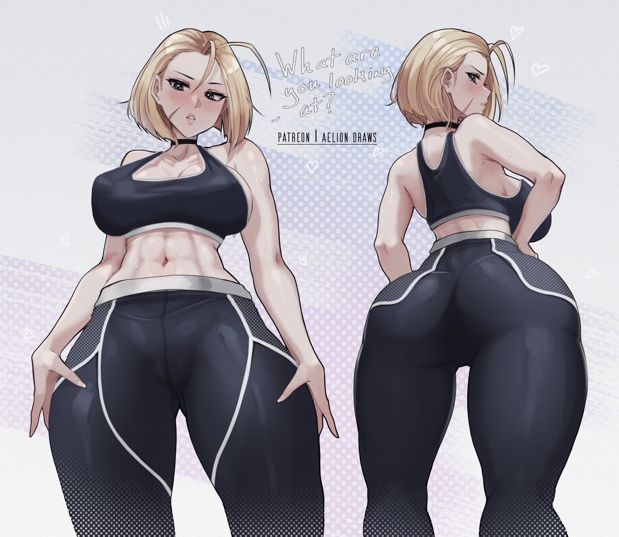 1girls, abs, aelion draws, ass, blonde hair, blue eyes, breasts, cammy white, capcom, dialogue, english text, facial scar, female, female only, fully clothed, hi res, hips, huge ass, large breasts, light skin, light-skinned female, pants, scar, scar on face, short hair, solo, sports bra, sportswear, street fighter, street fighter 6, sweat, sweaty, text, thick thighs, thighs, tight clothing, tight pants, toned, toned female, wide hips, yoga pants