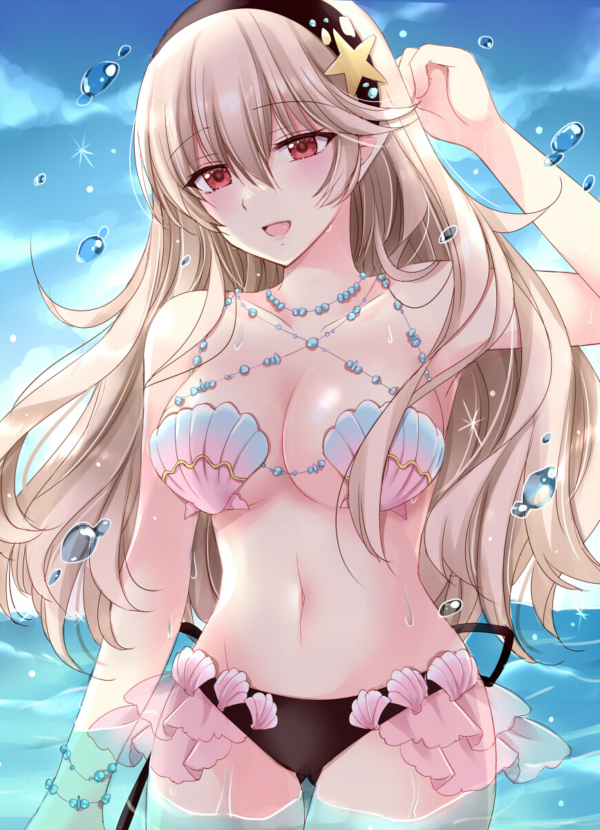 1girls, alternate costume, ass visible through thighs, bikini, black hairband, blonde female, blue sky, blush, breasts, cleavage, collarbone, commentary request, corrin (fire emblem), corrin (fire emblem) (female), female, female only, fire emblem, fire emblem cipher, fire emblem fates, grey hair, hair between eyes, hairband, highres, kirishima riona, long hair, looking at viewer, medium breasts, navel, nintendo, official alternate costume, open mouth, outdoors, partially submerged, pointy ears, red eyes, revision, shell, shell bikini, sky, smile, solo, stomach, swimsuit, water