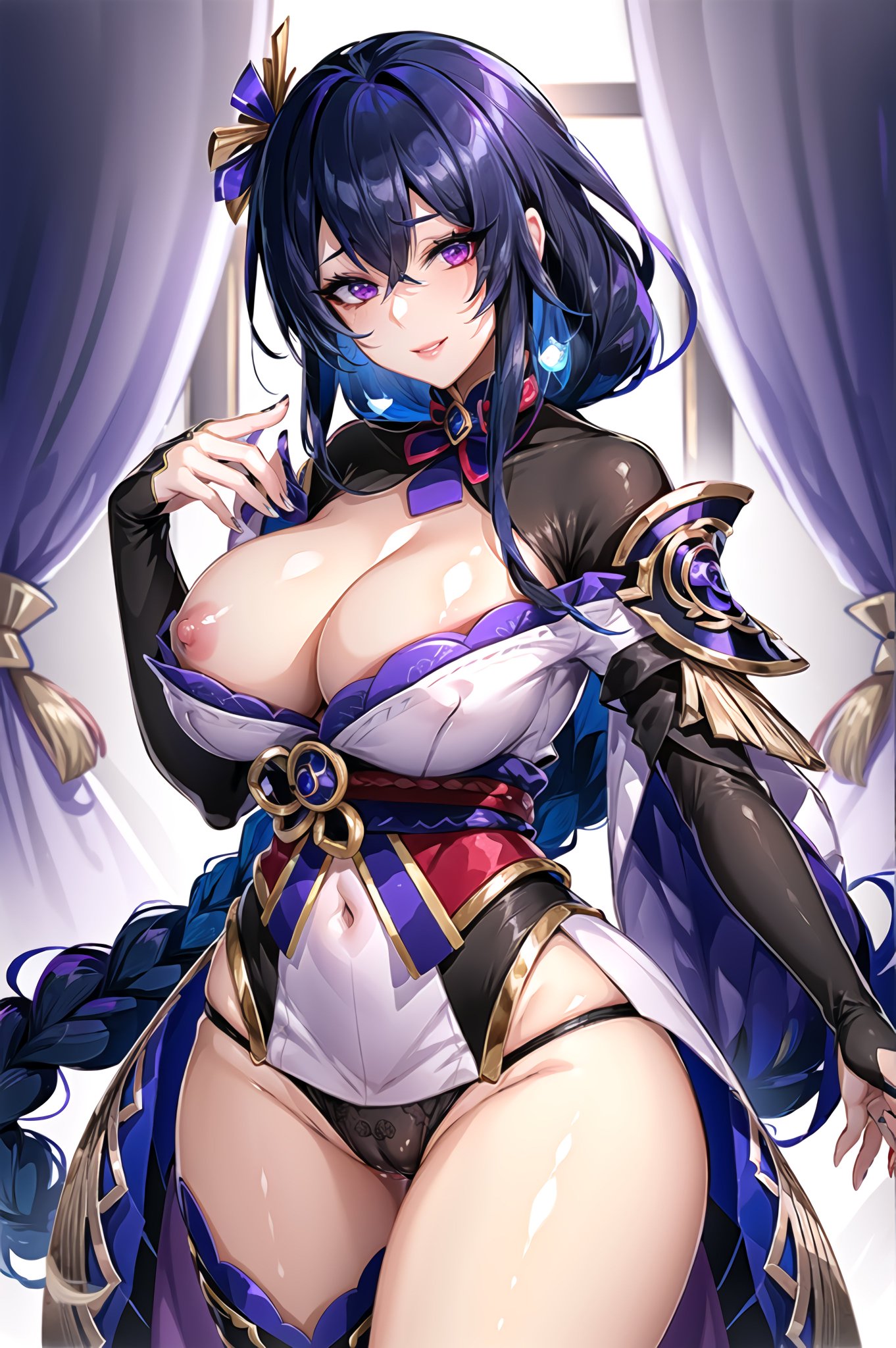 1girls, ai generated, breasts, curvaceous, curvy body, curvy female, curvy figure, female, female focus, female only, genshin impact, huge breasts, nipples, raiden shogun, seductive look, stable diffusion, underwear, voluptuous, voluptuous female