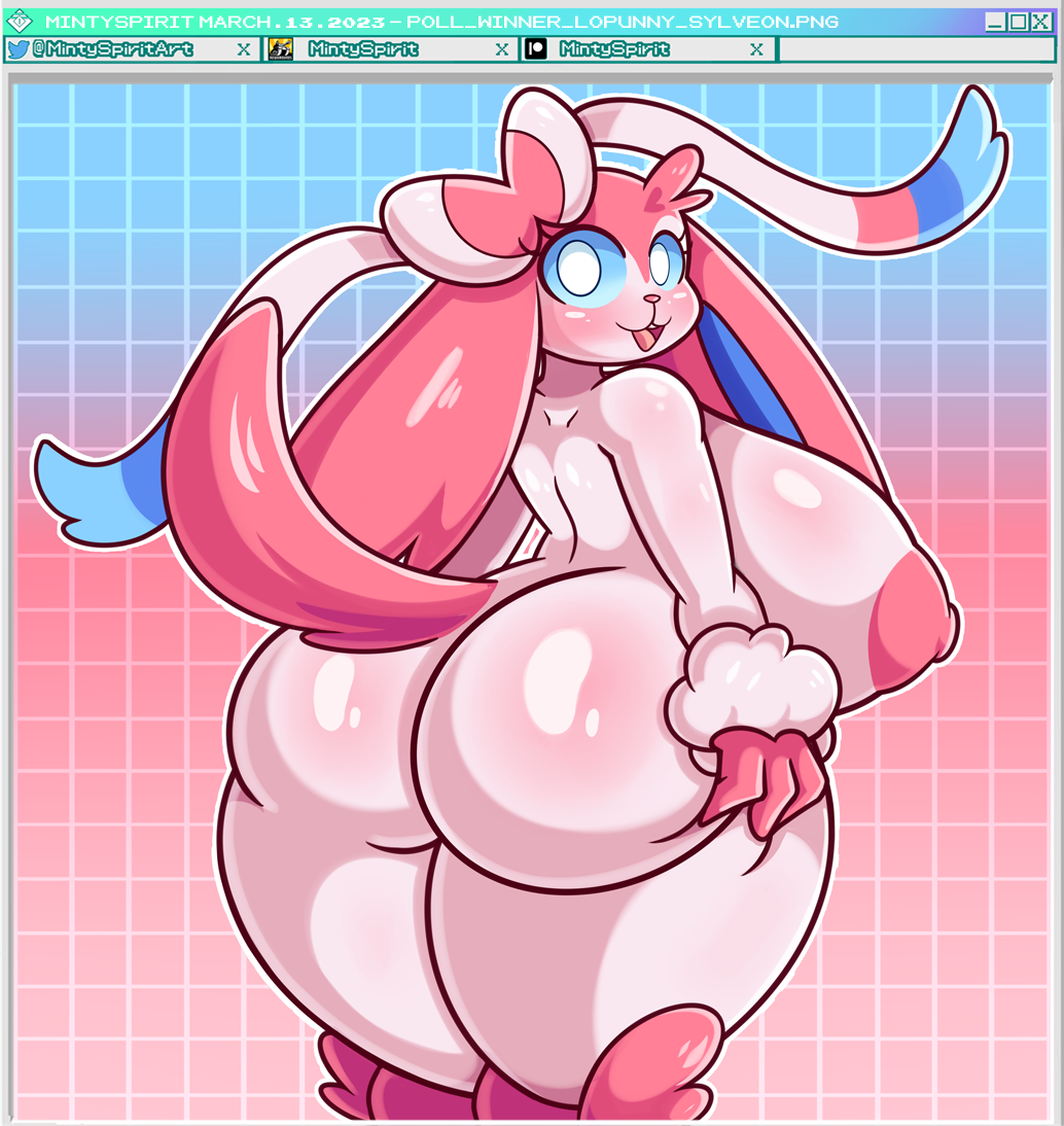1girls, 2020s, 2023, anthro, anthro only, areola, ass, ass grab, big ass, big breasts, big butt, blues sclera, breasts, butt grab, eeveelution, fat nipples, female, female only, fur, fusion, game freak, hand on ass, hand on butt, huge ass, huge breasts, huge butt, long ears, looking back, lopunny, mintyspirit, nintendo, nipples, open mouth, pink areola, pink body, pink fur, pink nipples, pokémon (species), pokemon, pokemon (species), pokemon fusion, presenting, ribbons, smile, solo, solo anthro, solo female, solo focus, sylveon, sylveunny, watermark, white body, white eyes, white fur