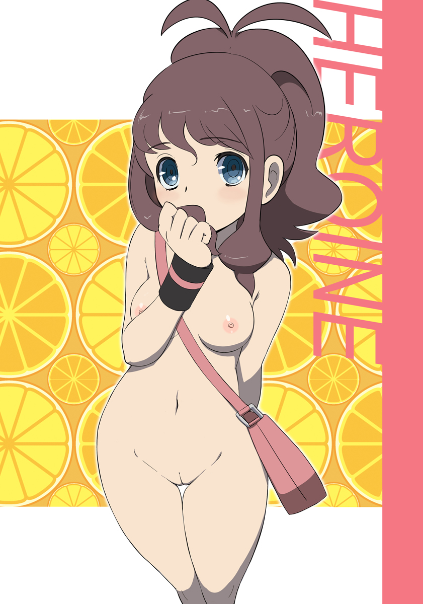 bag, blue eyes, blush, breasts, brown hair, female, female only, high resolution, hilda (pokemon), human, innie pussy, makoto daikichi, navel, nintendo, nipples, nude, pokemon, pokemon bw, ponytail, pussy, ringed eyes, solo, sweatband, tied hair, uncensored, wristband