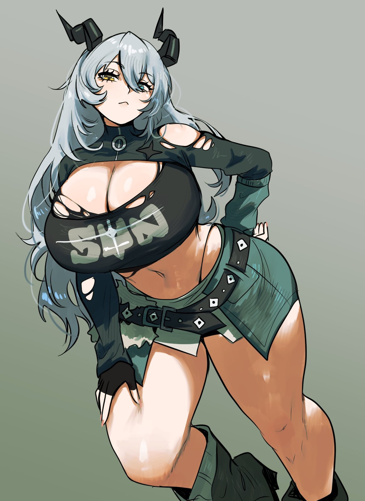 :<, 1girl, big breasts, black gloves, black horns, black shirt, black shoes, blue eyes, blue skirt, breasts, child bearing hips, closed mouth, colored nails, commentary, crop top, eldreda sunbringer, fingerless gloves, gloves, gradient background, grey background, hair between eyes, heterochromia, highres, horns, huge breasts, huge thighs, leaning forward, long nails, looking at viewer, mechanical horns, midriff, myotaron, navel, official alternate costume, oyxee, painted nails, red nails, shirt, shoes, skirt, solo, thick thighs, thong, torn clothes, torn shirt, wide hips, yellow eyes, zenless zone zero