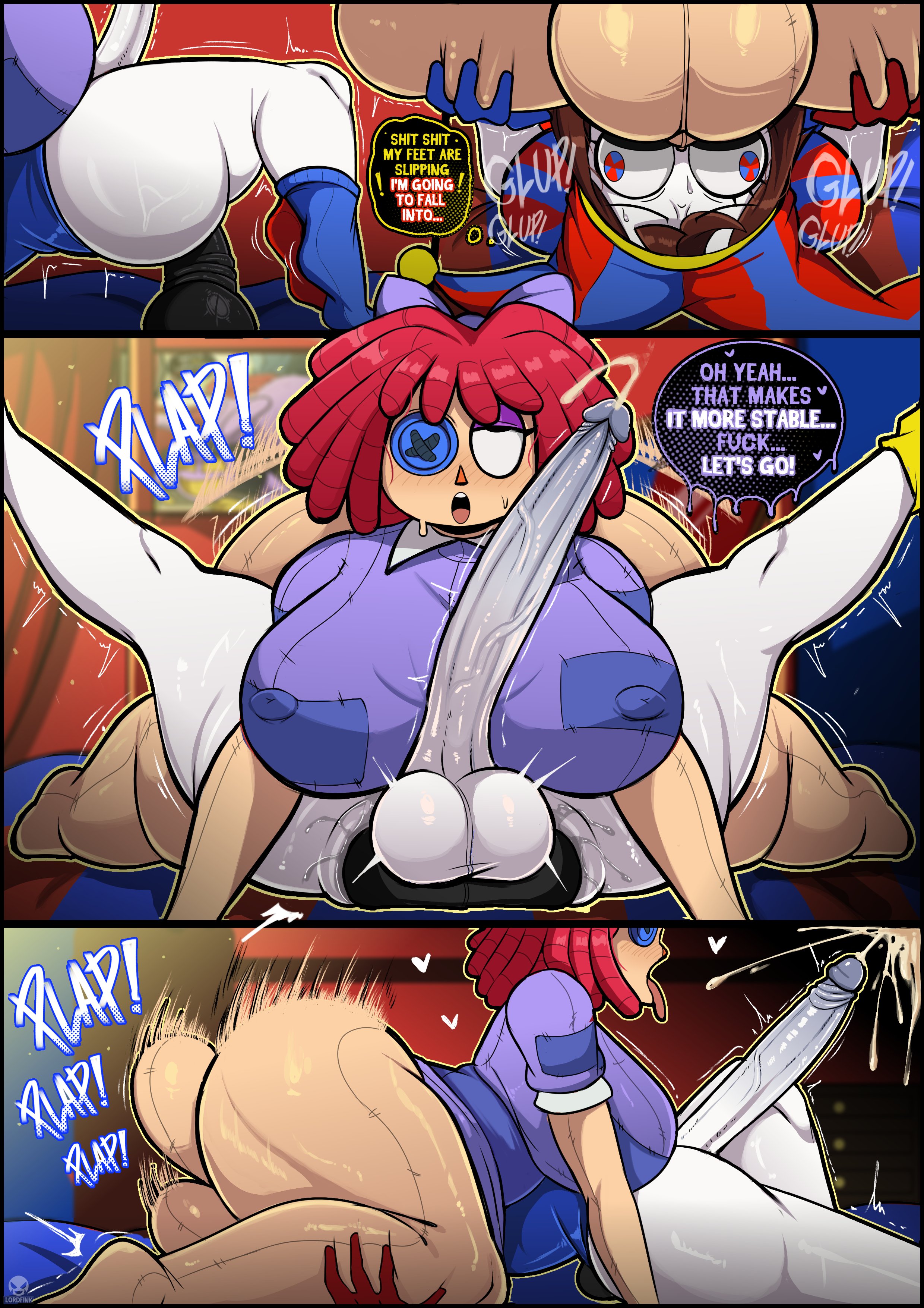 2026, 2d, 2futas, big breasts, breasts, brown hair, cock, dialogue, dick, dickgirl, dickgirl only, dickgirl/dickgirl, duo, english, english dialogue, english text, futa on futa, futa only, futanari, glitch productions, hi res, highres, intersex, intersex only, intersex/intersex, jester, jester cap, jester costume, jester girl, jester hat, jester outfit, large breasts, looking pleasured, lordfink, penis, pleasure face, pomni (the amazing digital circus), ragatha (the amazing digital circus), red hair, short hair, size difference, text, the amazing digital circus, white body, white skin