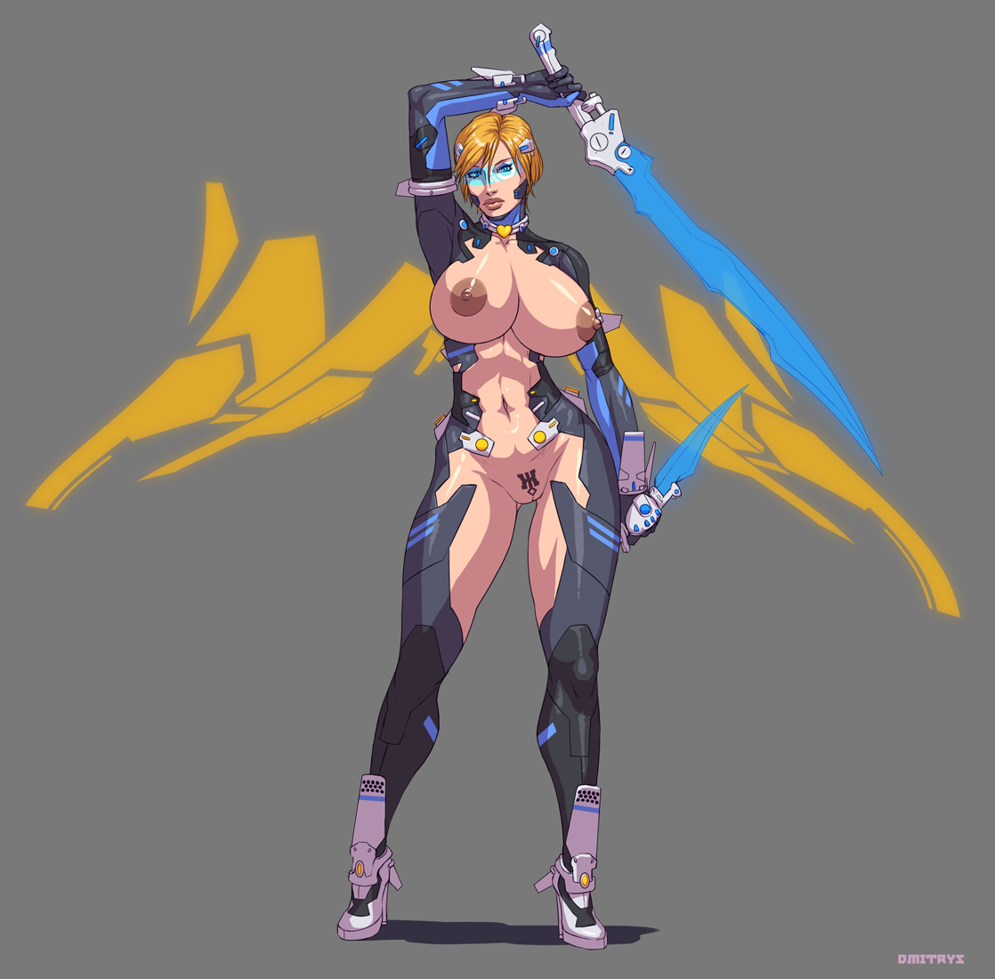 1girls, abs, bishoujo senshi sailor moon, blonde hair, blue eyes, bodysuit, breastless clothes, breasts, choker, clothing, collar, crotchless, dark areola, dark nipples, dmitrys, energy sword, erect nipples, female, gloves, haruka tenou, heels, high heels, holding sword, huge breasts, large breasts, large nipples, looking away, mostly nude, nipples, pale skin, perky breasts, pose, pubic tattoo, sailor uranus, short hair, simple background, skin tight, sword, tattoo, technology, thick lips, toned, uranus symbol, visor, weapon, wings