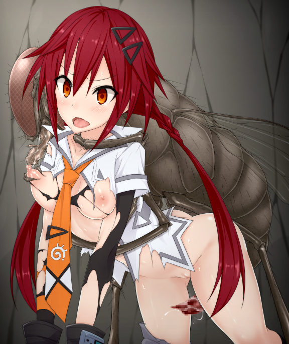 ass, blush, bottomless, breasts, censored, compile heart, female, fingerless gloves, gloves, hairclip, higher resolution available, idea factory, insects, long hair, low twintails, mingaru, necktie, neptunia (series), nipples, open mouth, orange eyes, rape, red hair, shiny, shiny hair, shiny skin, tongue, torn clothes, twintails, uzume tennouboshi, zoophilia