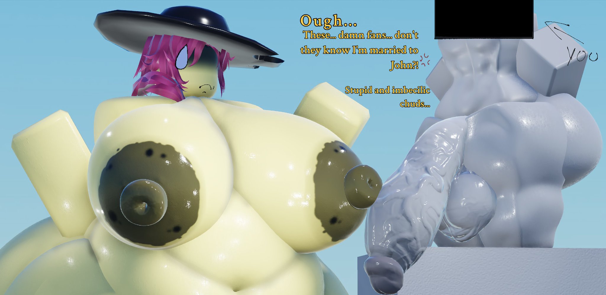 1boy, 1girls, areolae, big breasts, big penis, breasts, censored face, chubby, chubby female, completely nude, completely nude female, female, forsaken (roblox), grey skin, jane doe (forsaken), kreniss, naked, naked female, nipples, nude, nude female, purple hair, roblox, shadow over eyes, small dom big sub, tits, y/n, yellow skin, you