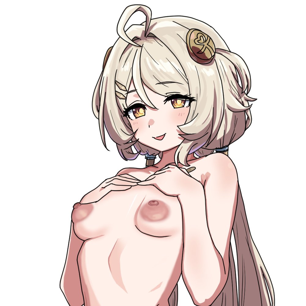 1girl, ahoge, blonde hair, breasts, commentary request, long hair, looking at viewer, nipples, nude, phoenix reffaella, puffy nipples, simple background, small breasts, smile, solo, upper body, usavivi777, very long hair, white background, yellow eyes, zenless zone zero