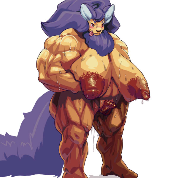 1girls :p breasts clitoris extreme_muscles female furry huge_breasts long_hair muscle nipples nude okiyo purple_hair pussy pussy_juice simple_background solo standing sweat tail thick_thighs tongue wet wide_hips