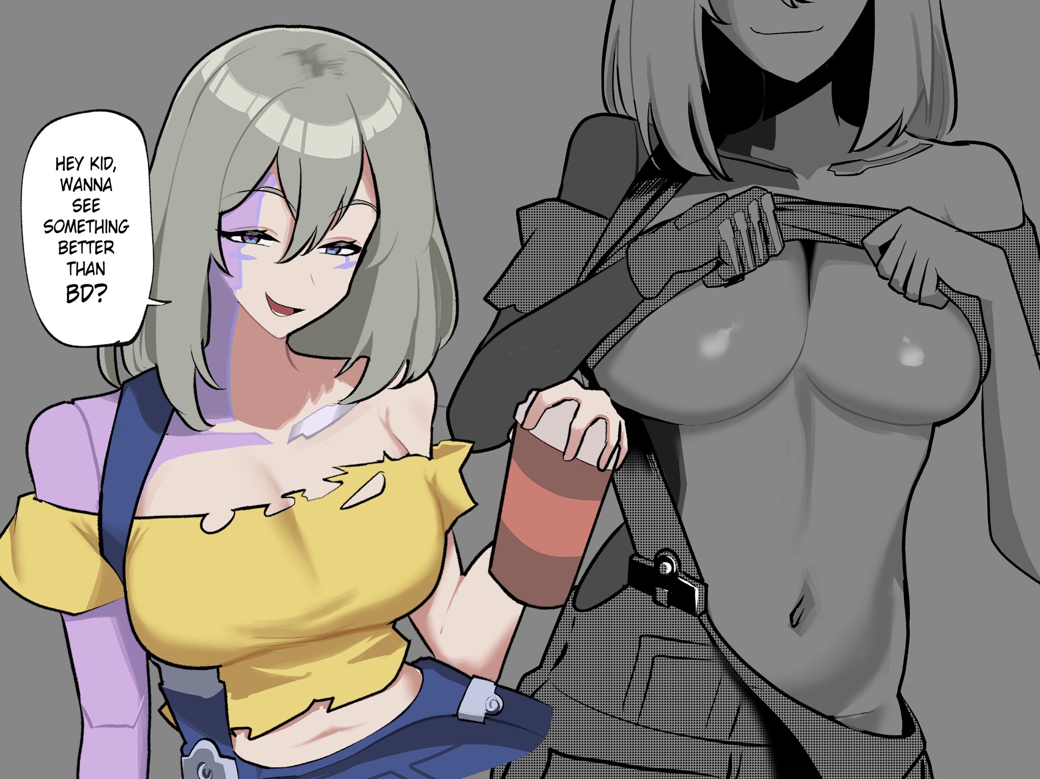 1girl, 1girls, alternate version available, artist request, belly button, breasts, character request, cybernetics, cyberpunk 2077, cyberpunk: edgerunners, cyberpunk: edgerunners 2, cyborg, cyborg girl, dialogue, female, female focus, female only, large breasts, long hair, navel, purple eyes, robot arm, robotic arm, silver hair, speech bubble, taking off shirt, tummy