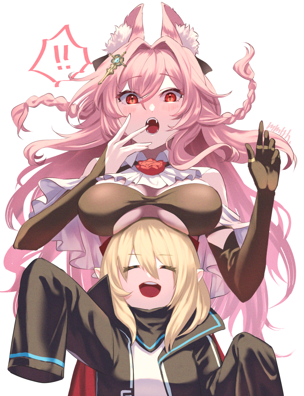 ! !! 2023 2girls :) :o animal_ear_fluff animal_ears arknights ascot asymmetrical_gloves bare_shoulders black_bra blonde_hair blush bra braid braided_hair breasts cleavage closed_eyes clothed coat cute dress durin_(arknights) dwarf dwarf_female ears_up elbow_gloves eyebrows_visible_through_hair fangs fingerless_glove fluffy_ears glove gloves hair_between_eyes hair_ornament happy hi_res jacket jewelry light-skinned_female light_skin long_hair long_sleeves looking_down memetaroh midget oerba_yun_fang open_mouth open_smile pink_hair pointy_ears pozyomka_(arknights) red_dress red_eyes side_braid simple_background smile spoken_exclamation_mark surprised surprised_expression swimsuit swimwear under_breasts very_long_hair waist wasp_waist white_background wide_sleeves wolf_ears wolf_girl