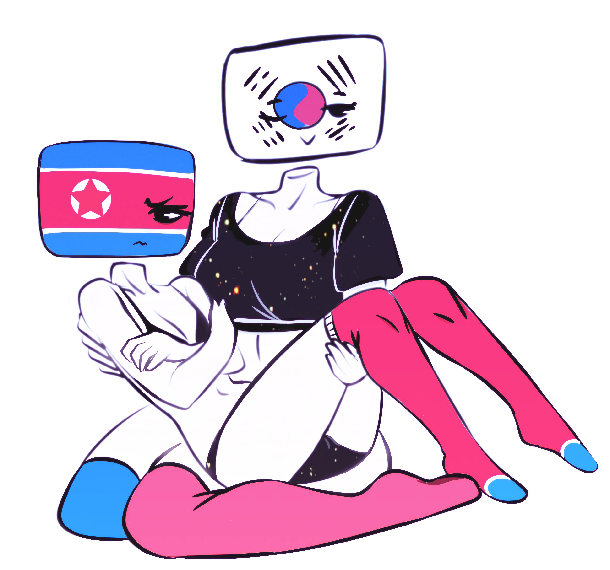 2girls, angry, black bra, black clothing, bra, breasts, clothing, countryhumans, countryhumans girl, different panties, female, female only, flat chest, flawsy, humanoid, legwear, medium breasts, north korea (countryhumans), panties, safe, sfw, simple background, south korea (countryhumans), thighs, thighs together, underwear, white background, white body, white skin, yuri