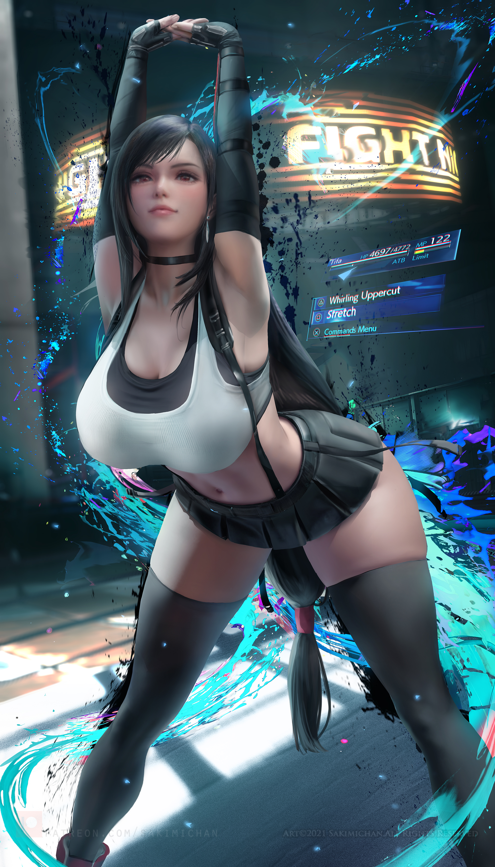 ass, big ass, breasts, cammy stretch, female, final fantasy, final fantasy vii, hourglass figure, huge breasts, sakimichan, thick thighs, tifa lockhart