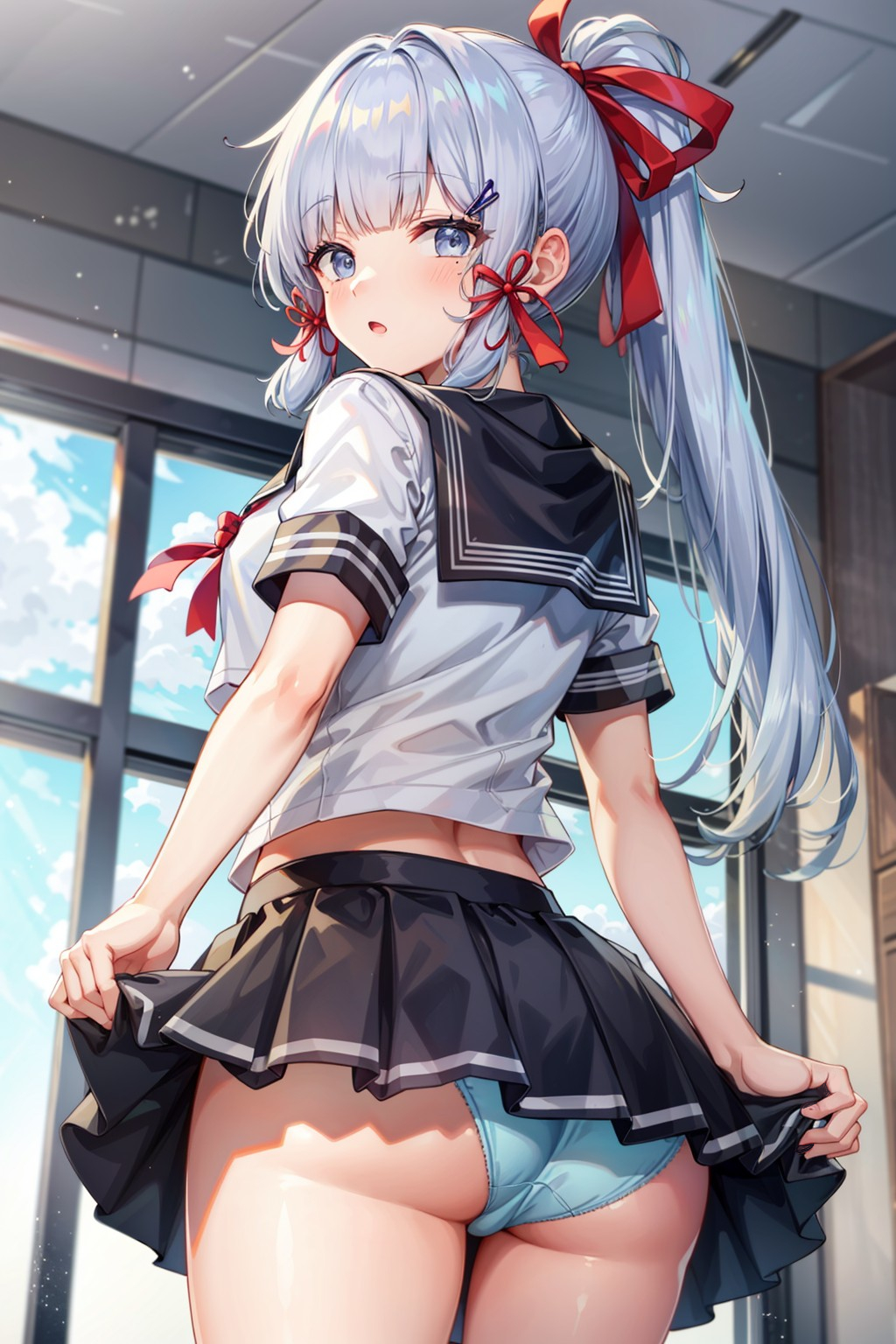ai generated, alternate costume, ass, blush, breasts, cameltoe, female, from behind, from below, genshin impact, hair ribbon, kamisato ayaka, long hair, looking at viewer, looking back, open mouth, panties, ponytail, pussy, school uniform, shiny, shiny hair, shiny skin, silver eyes, silver hair, skirt, solo