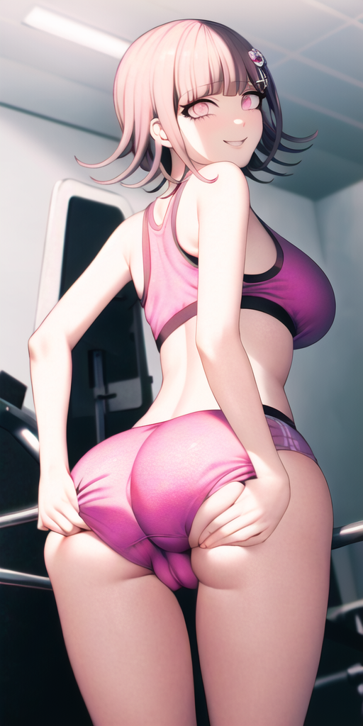 ai_generated boobs_and_butt_pose butt butt_grab cameltoe danganronpa danganronpa_2:_goodbye_despair grabbing_butt grabbing_own_butt gym gym_shorts gym_uniform hair_ornament huge_butt large_butt looking_at_viewer looking_back midriff n.c.b_ai nai_diffusion nanami_chiaki pink_clothing pink_eyes smile smirk sports_bra stable_diffusion tight_clothing