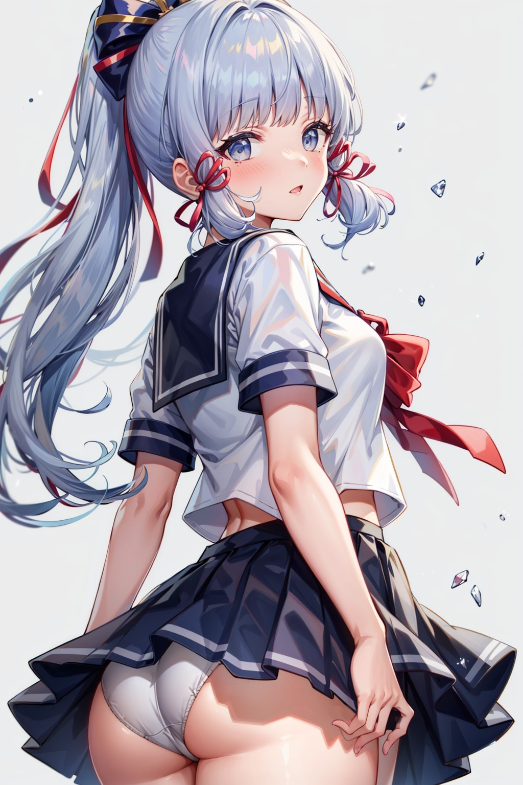 ai generated, alternate costume, ass, blush, breasts, cameltoe, female, from behind, from below, genshin impact, hair ornament, huge ass, kamisato ayaka, long hair, looking at viewer, looking back, panties, ponytail, pussy, school uniform, shiny, shiny hair, shiny skin, silver eyes, silver hair, skirt, smile, solo
